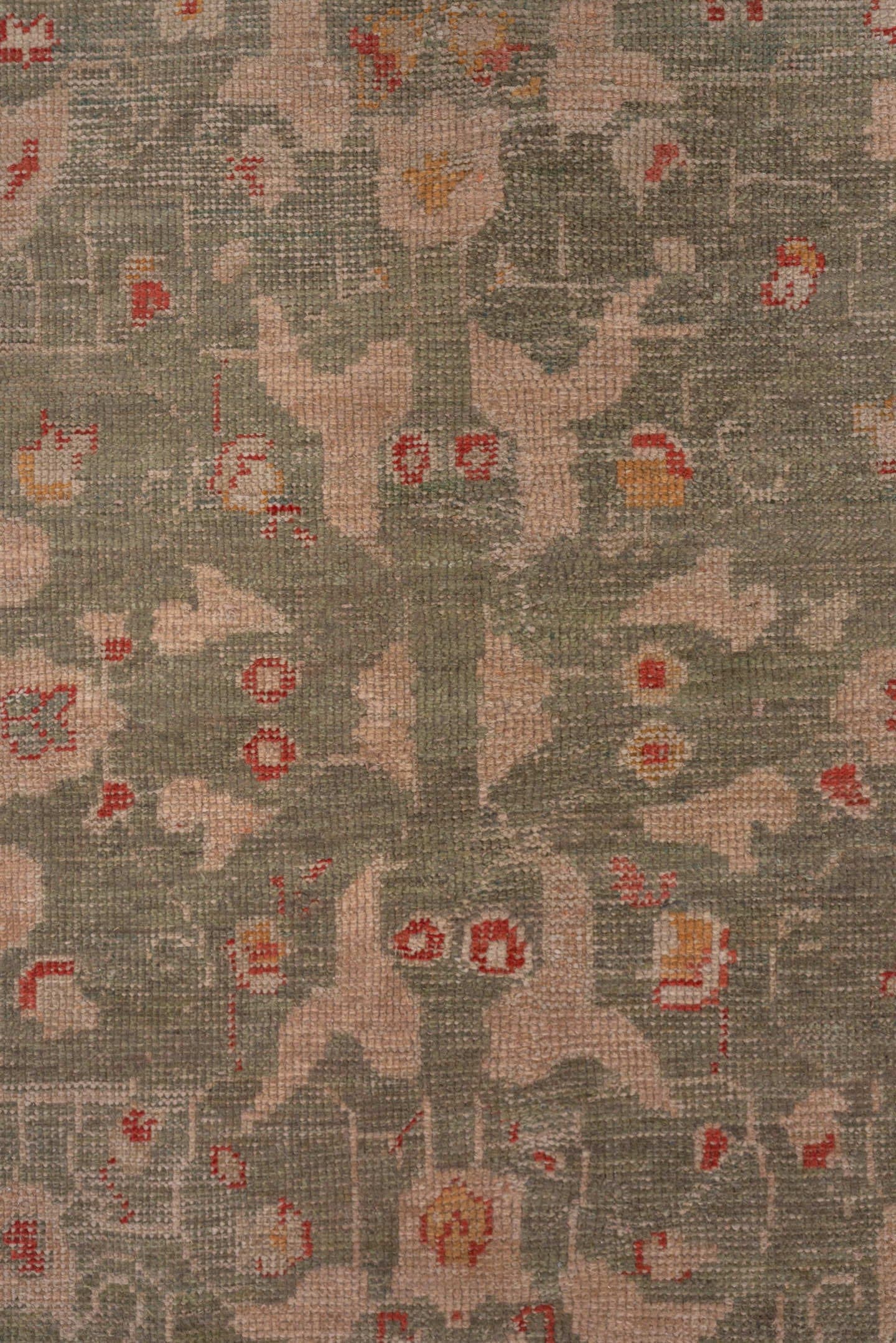 16' x 17' one-of-a-kind handmade vintage Oushak oversize rug. Color palette: coral, ivory, sage, gold, terra cotta, beige