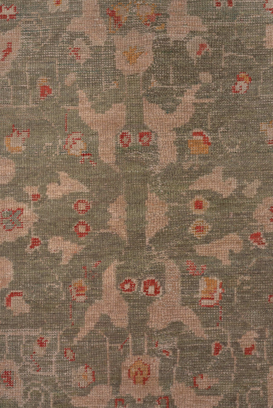 16' x 17' one-of-a-kind handmade vintage Oushak oversize rug. Color palette: coral, ivory, sage, gold, terra cotta, beige