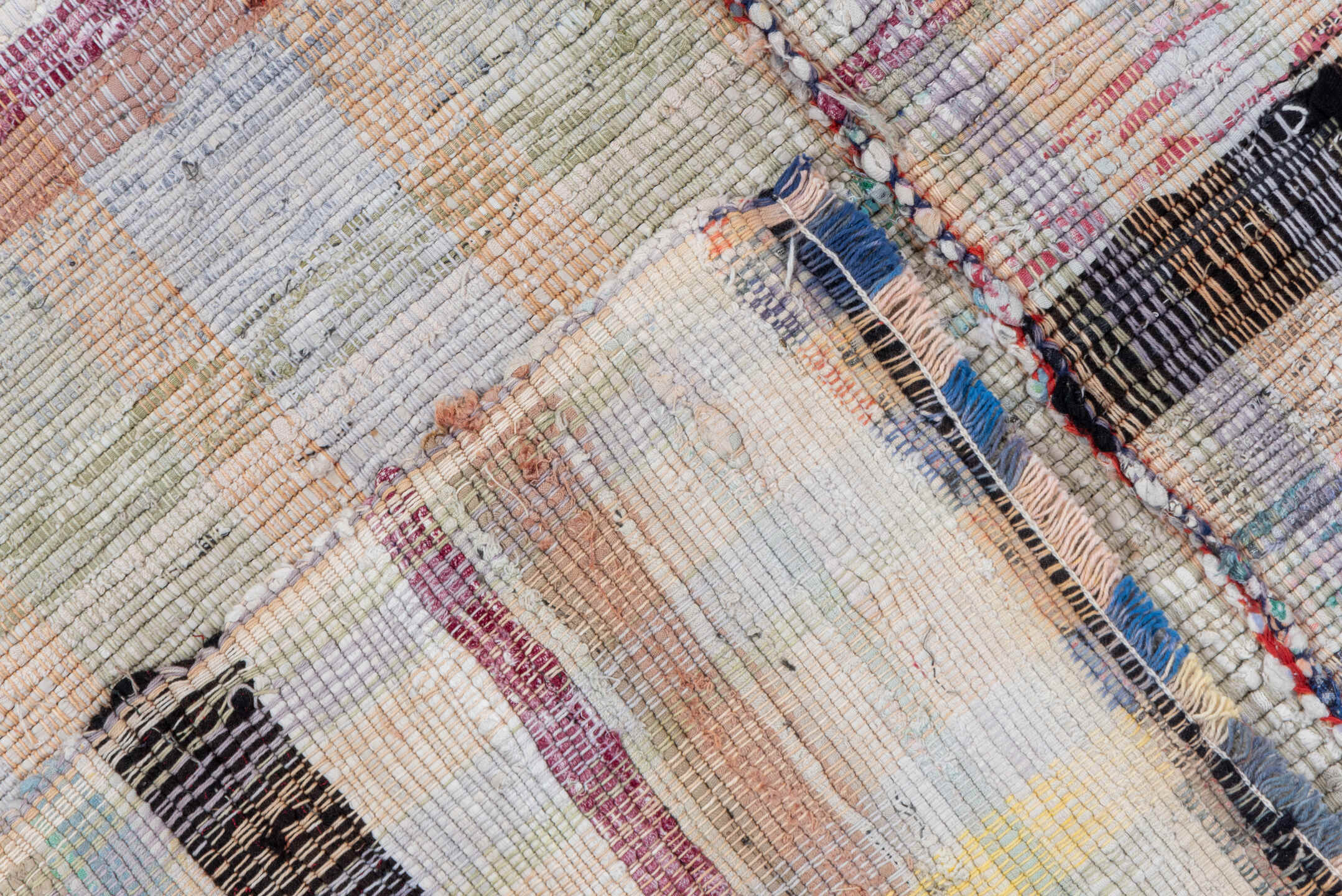 6' x 8' one-of-a-kind handmade antique Rag Rug rug. Color palette: ivory, taupe, charcoal, pale blue, butter yellow, blush