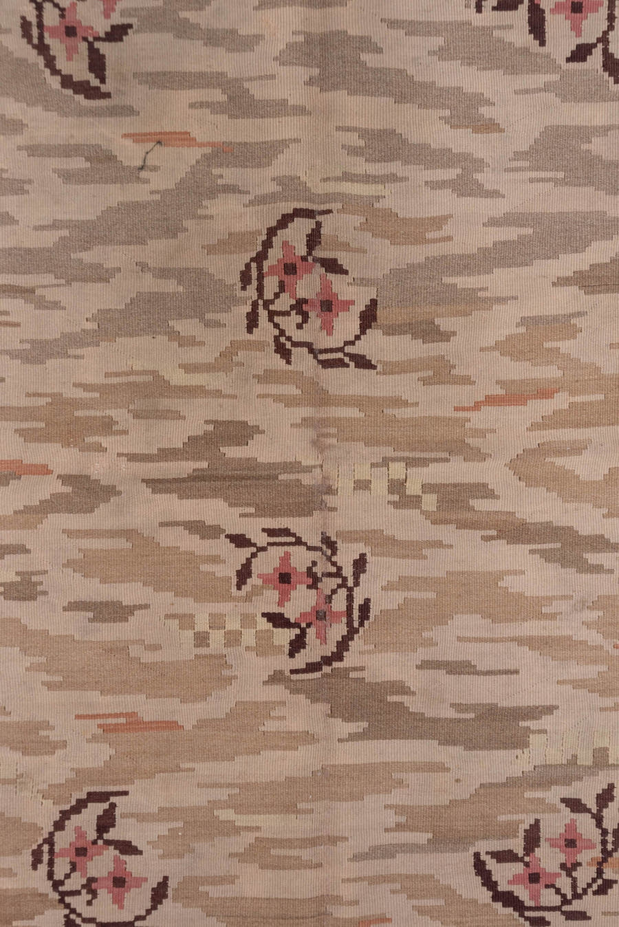 6' x 7' one-of-a-kind handmade antique Kilim rug. Color palette: ivory, taupe, rose, brown, blush, camel, beige, gray, pink
