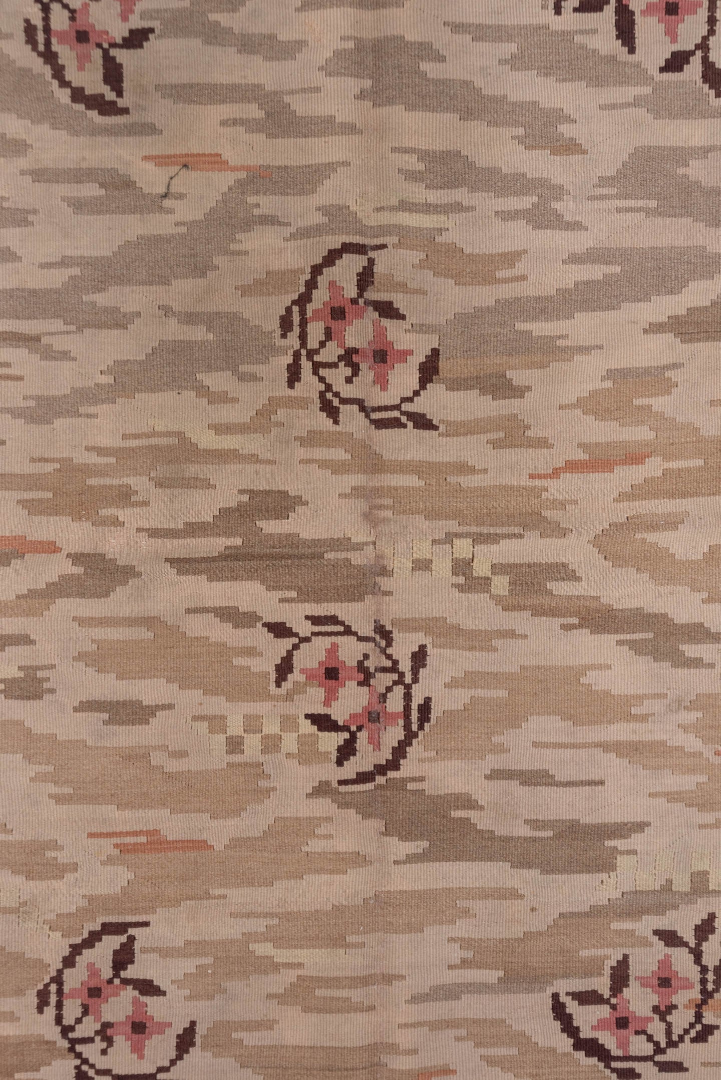 6' x 7' one-of-a-kind handmade antique Kilim rug. Color palette: ivory, taupe, rose, brown, blush, camel, beige, gray, pink