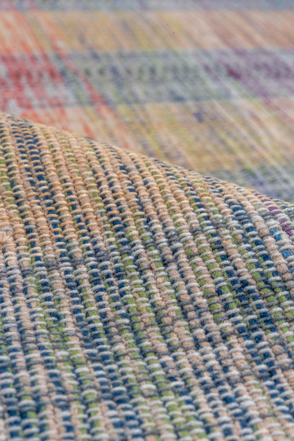 11' x 20' one-of-a-kind handmade vintage Rag Rug oversize rug. Color palette: taupe, blue, rose, peach, gray, ivory, rust