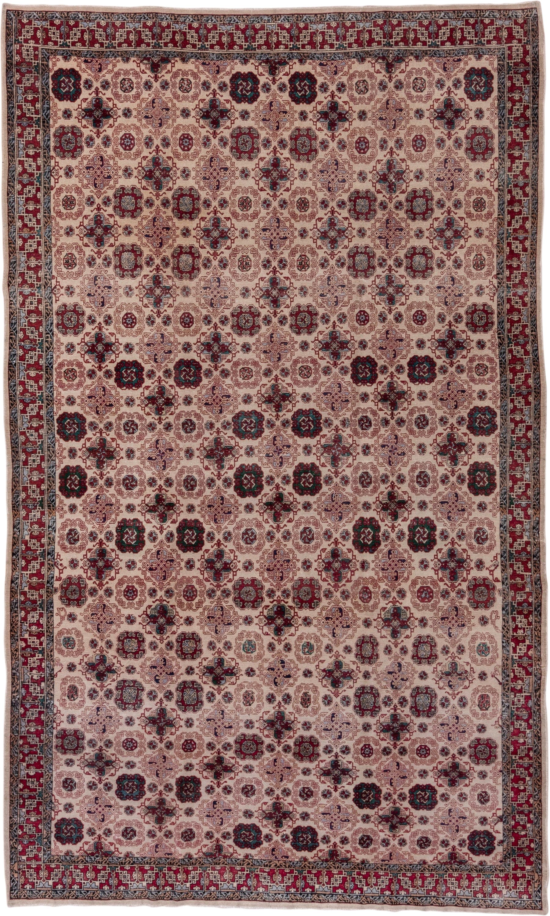 6' x 10' one-of-a-kind handmade vintage Hereke large size rug. Color palette: ivory, burgundy, navy, rose, taupe, slate
