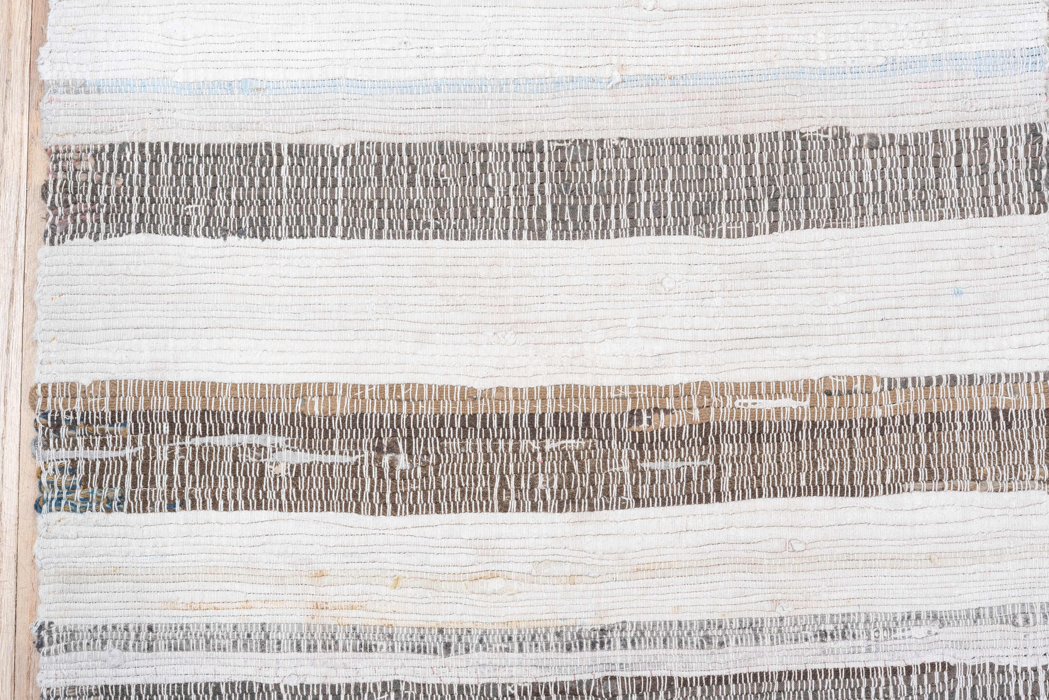 6' x 9' one-of-a-kind handmade vintage Rag Rug medium size rug. Color palette: ivory, cream, taupe, gray, pale blue, beige