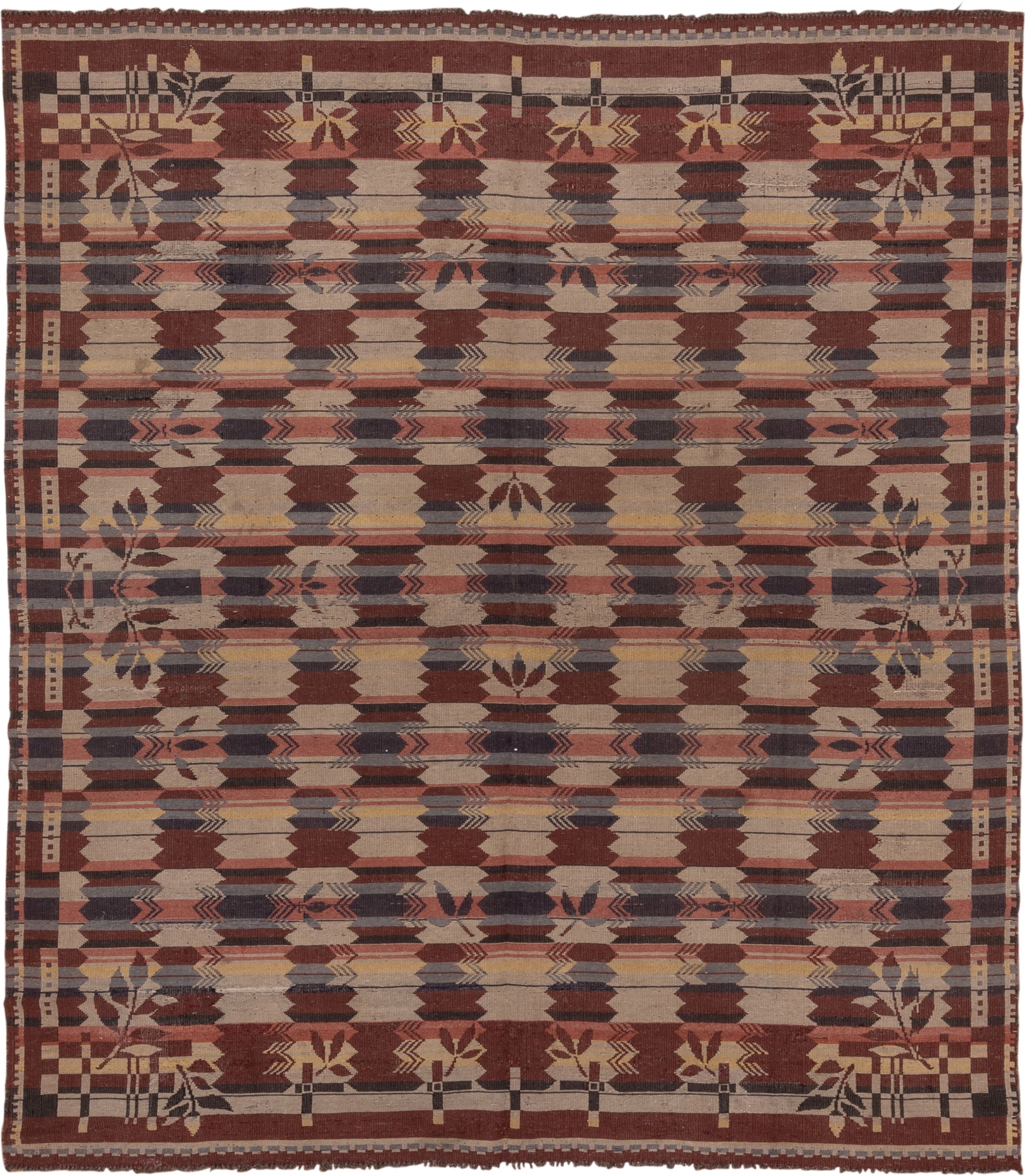 7' x 8' one-of-a-kind handmade vintage Kilim rug. Color palette: rust, ivory, charcoal, slate, rose, gold, taupe, terracotta