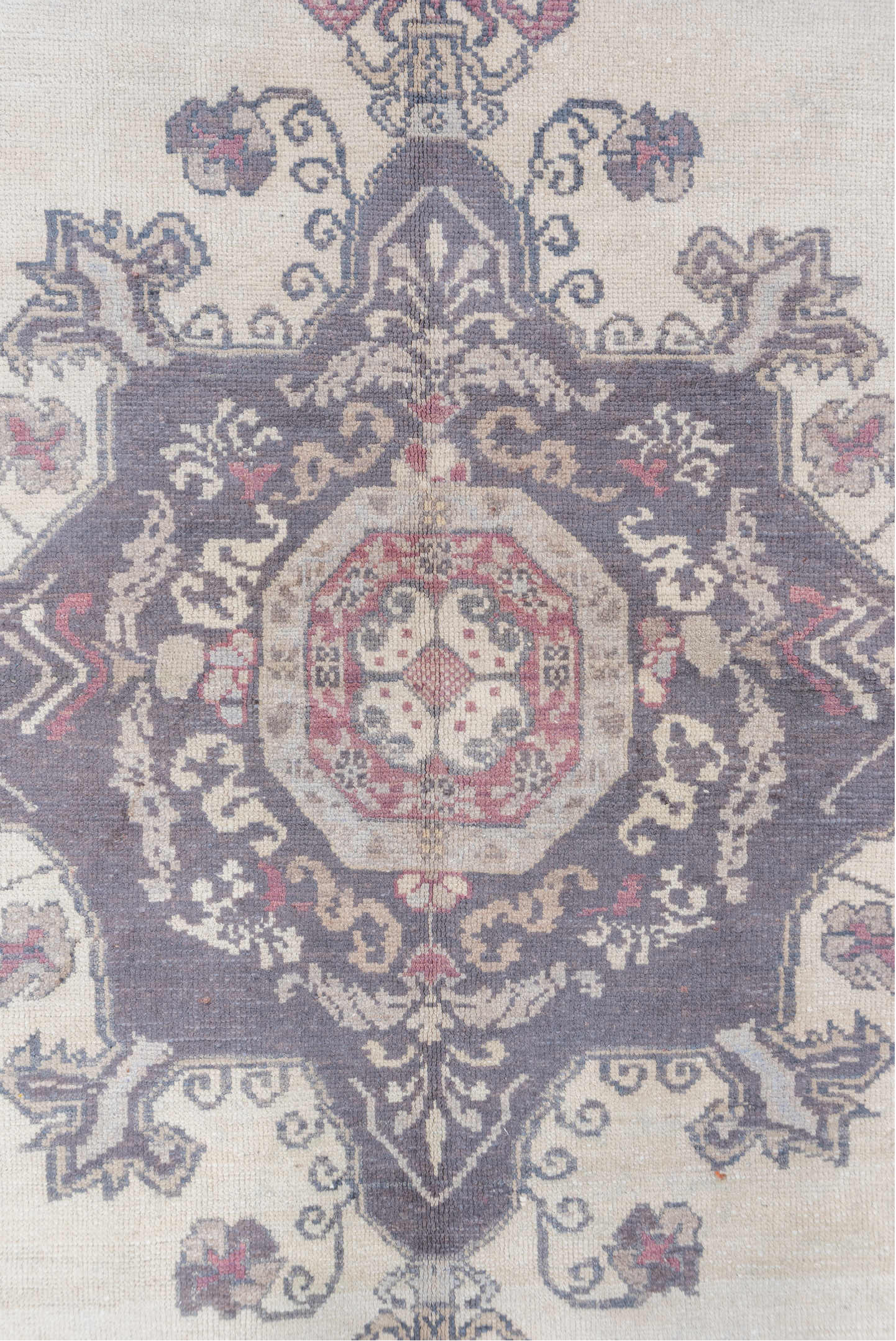 5' x 7' one-of-a-kind handmade vintage Oushak rug. Color palette: ivory, plum, slate, rose, taupe, burgundy, pink, purple