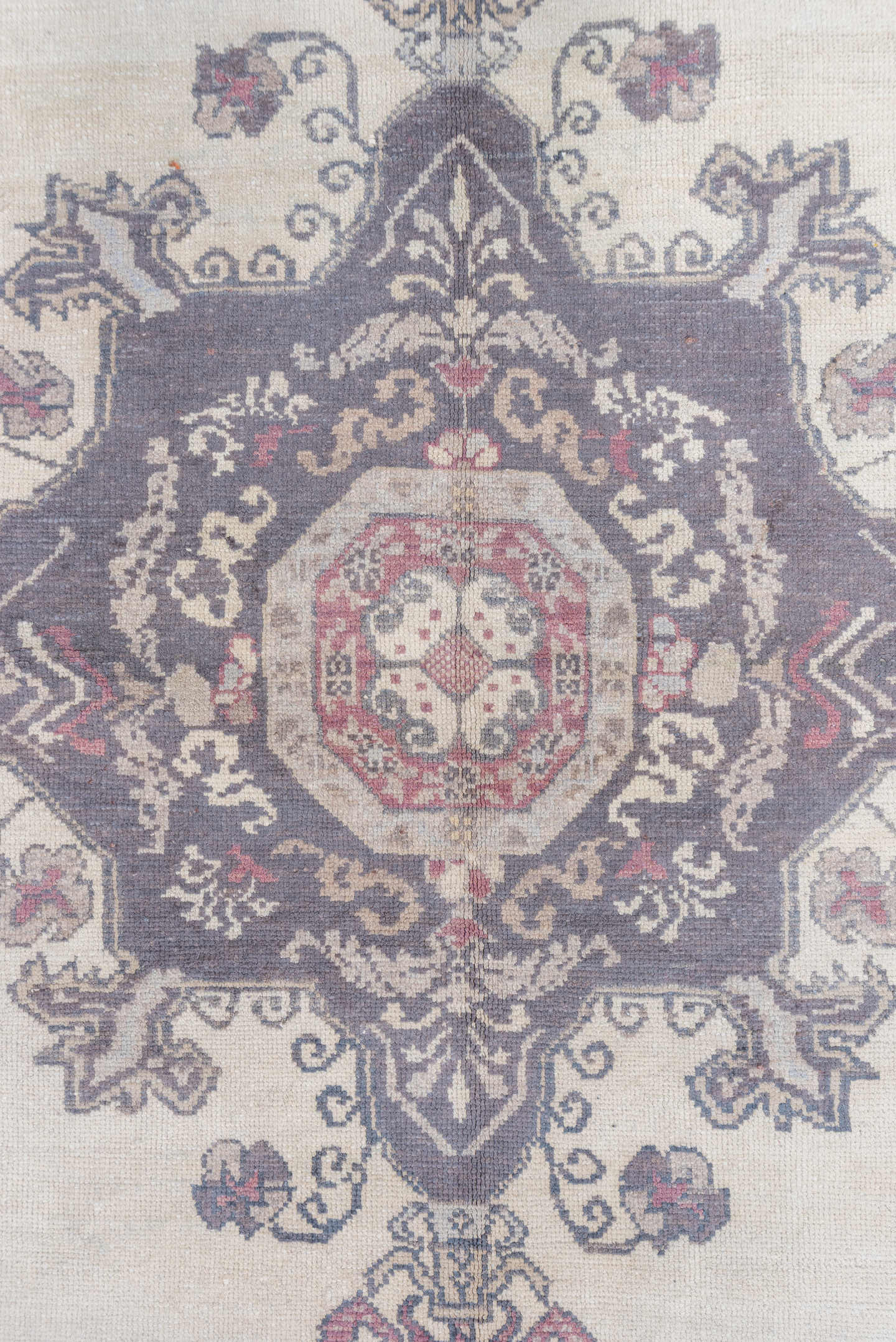 5' x 7' one-of-a-kind handmade vintage Oushak rug. Color palette: ivory, plum, slate, rose, taupe, burgundy, pink, purple