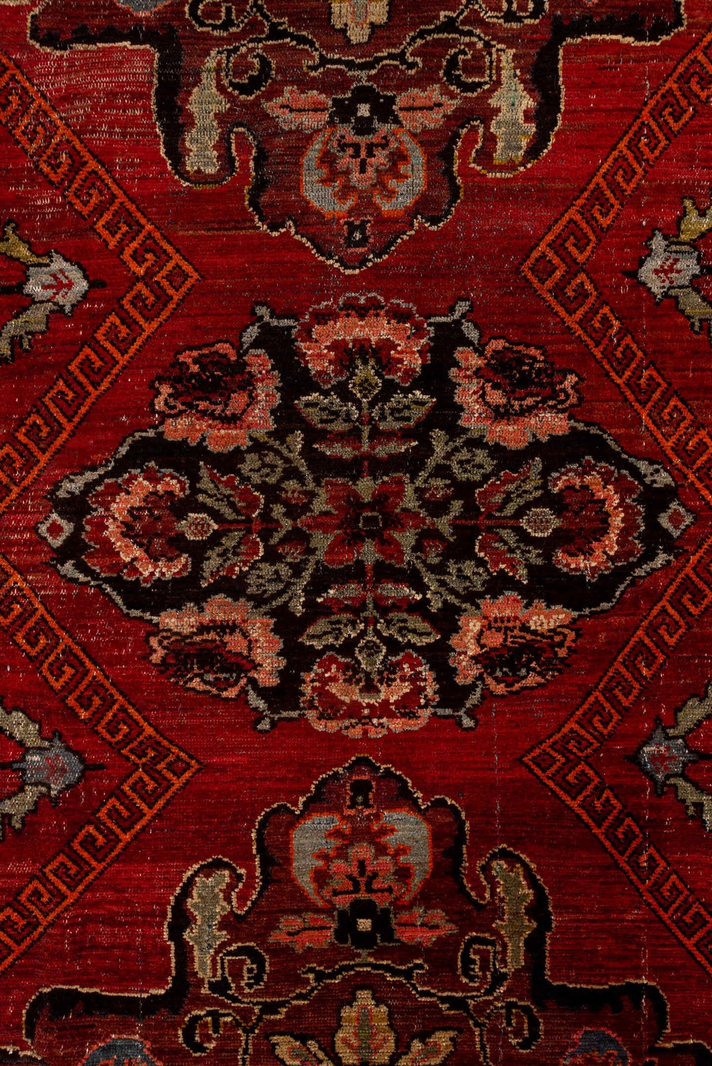 7' x 12' one-of-a-kind handmade antique Kars large size rug. Color palette: rust, charcoal, coral, ivory, rose, slate