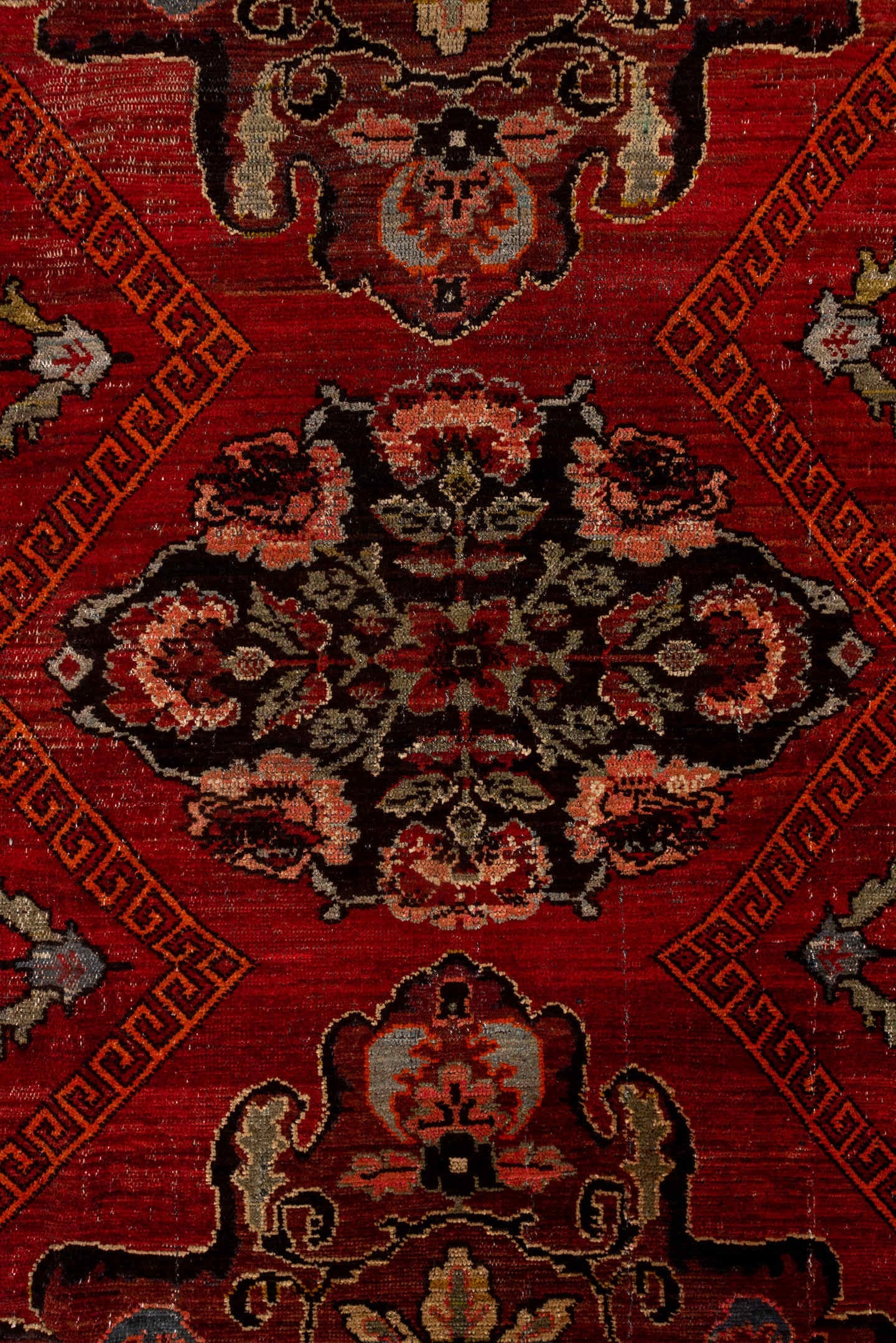 7' x 12' one-of-a-kind handmade antique Kars large size rug. Color palette: rust, charcoal, coral, ivory, rose, slate