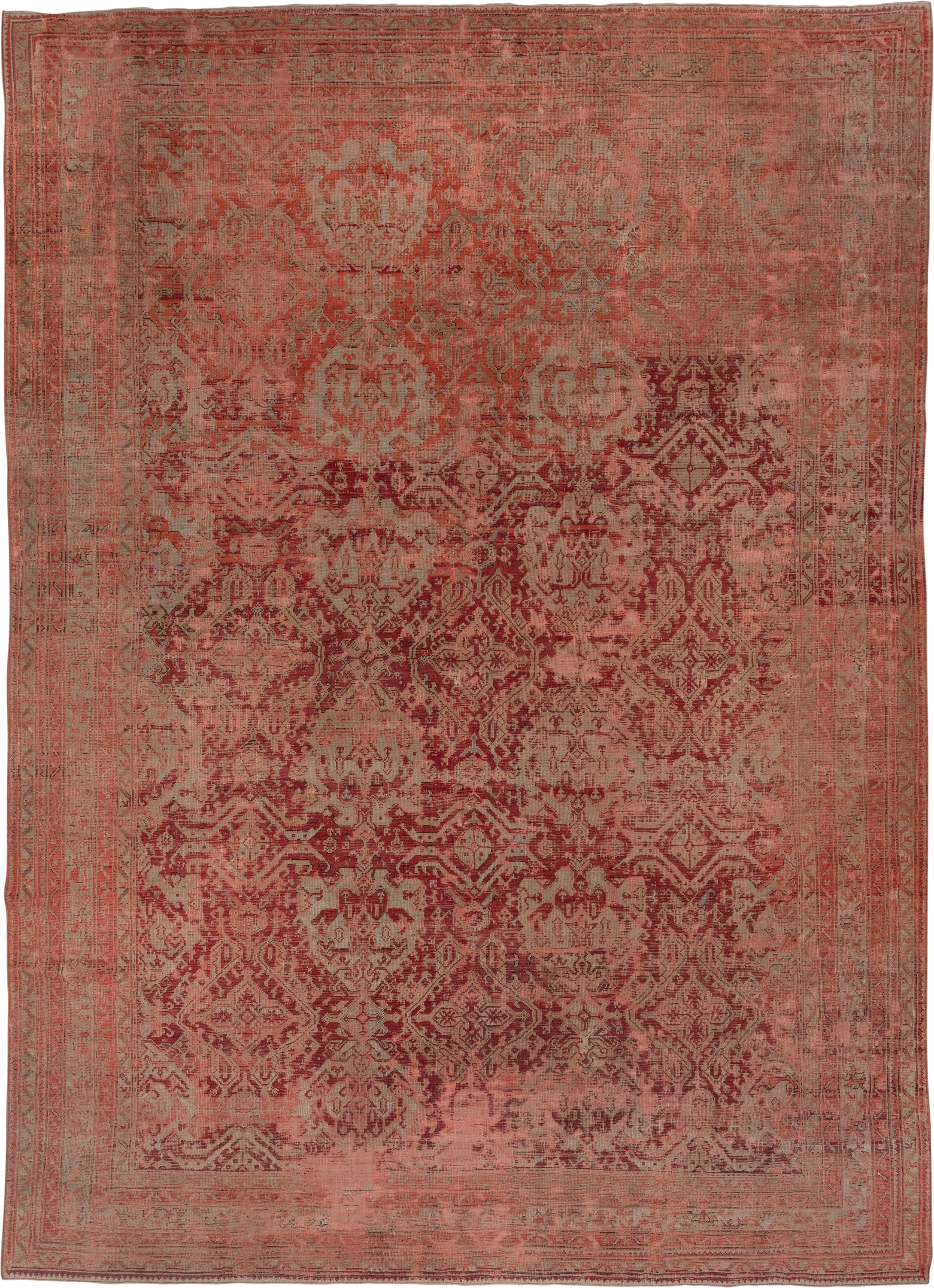 12' x 17' one-of-a-kind handmade antique Oushak oversize rug. Color palette: coral, rose, terra cotta, burgundy, dusty pink