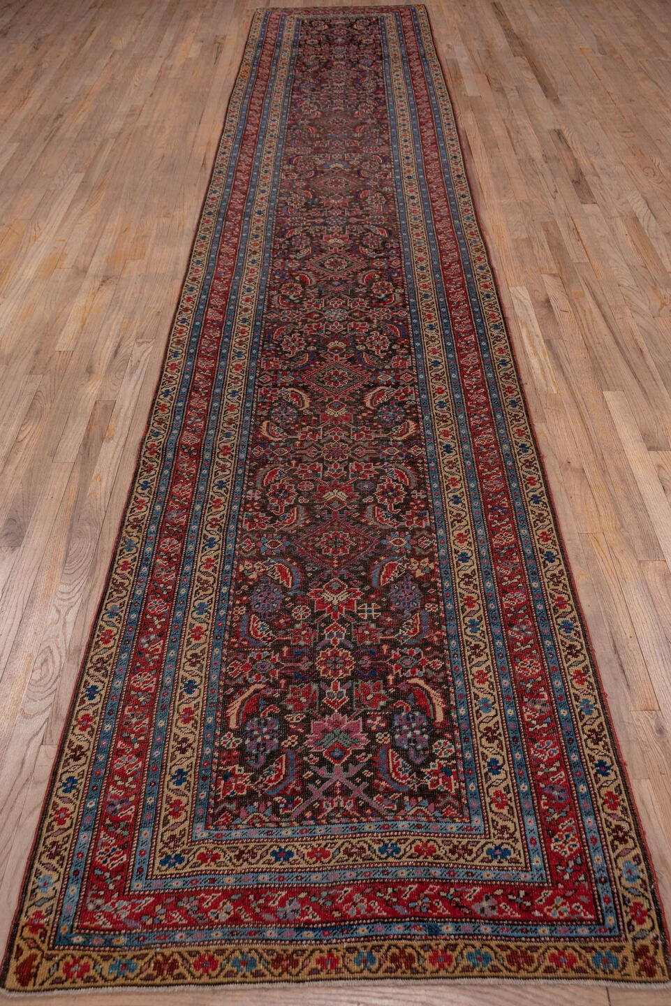 3' x 17' one-of-a-kind handmade vintage Karabagh runner rug. Color palette: navy, rust, ivory, crimson, slate, rose, camel