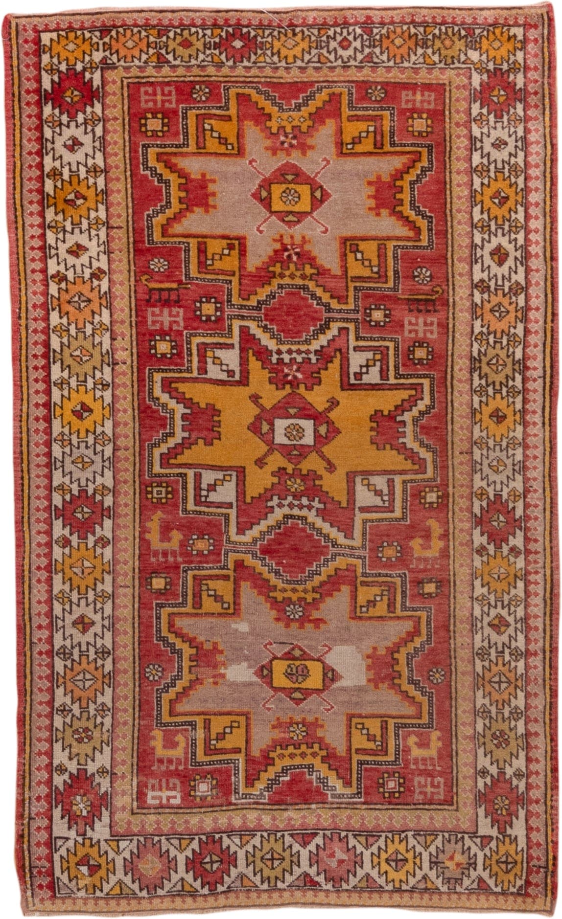 3' x 5' one-of-a-kind handmade antique Oushak small size rug. Color palette: terra cotta, ivory, gold, rust, camel, saffron