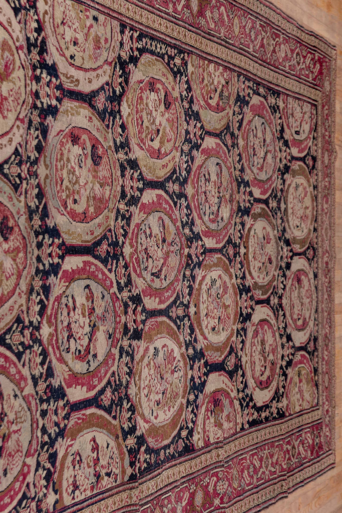 7' x 19' one-of-a-kind handmade vintage Karabagh rug. Color palette: navy, rose, ivory, burgundy, blush, taupe, olive, camel