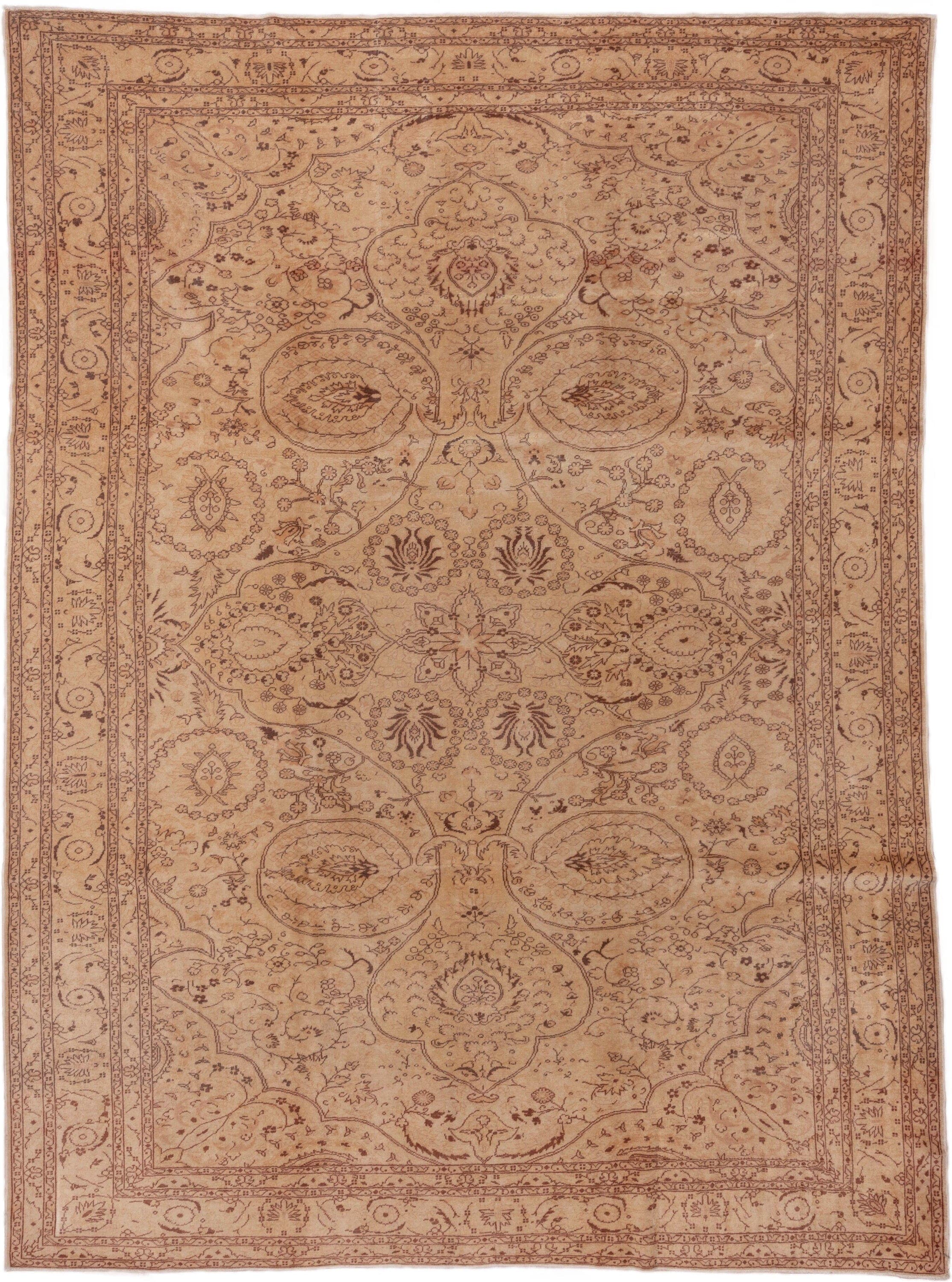 8' x 11' one-of-a-kind handmade antique Sivas large size rug. Color palette: beige, camel, taupe, rose, terra cotta, brown