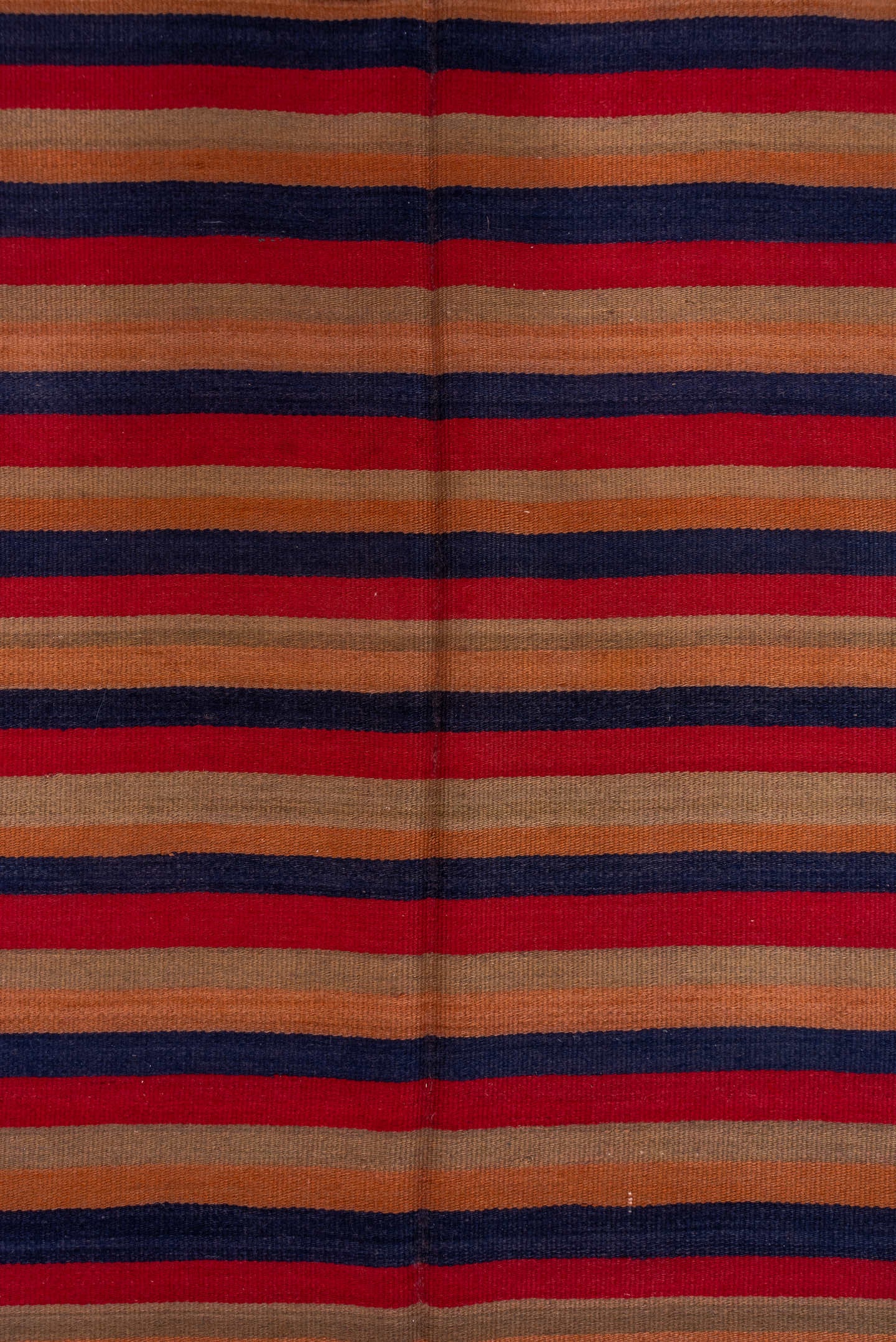 4' x 10' one-of-a-kind handmade vintage Kilim runner rug. Color palette: camel, navy, rust, red, tan, beige, blue