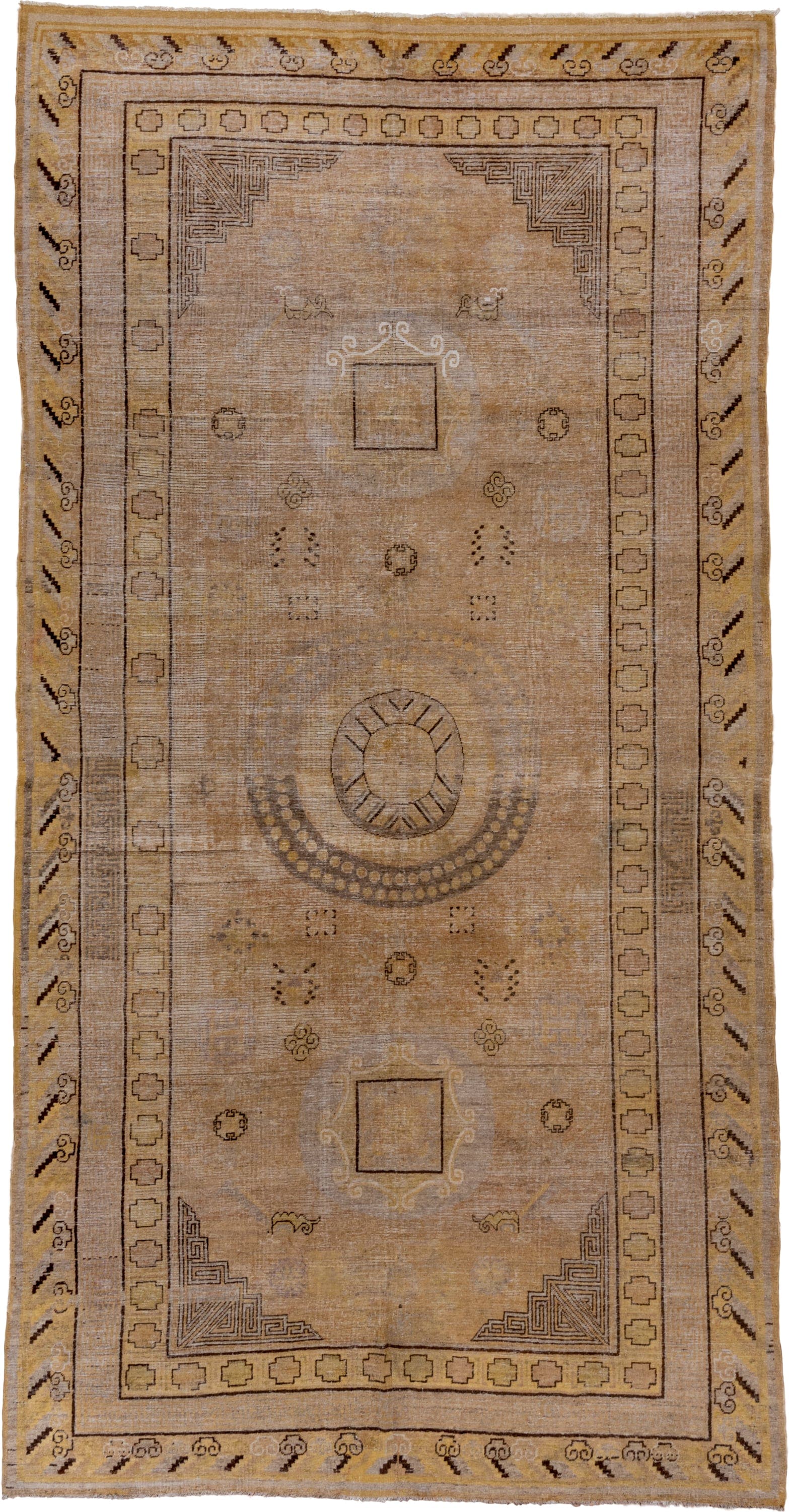 7' x 13' one-of-a-kind handmade antique Khotan large size rug. Color palette: camel, taupe, beige, brown, ivory, ochre, gray