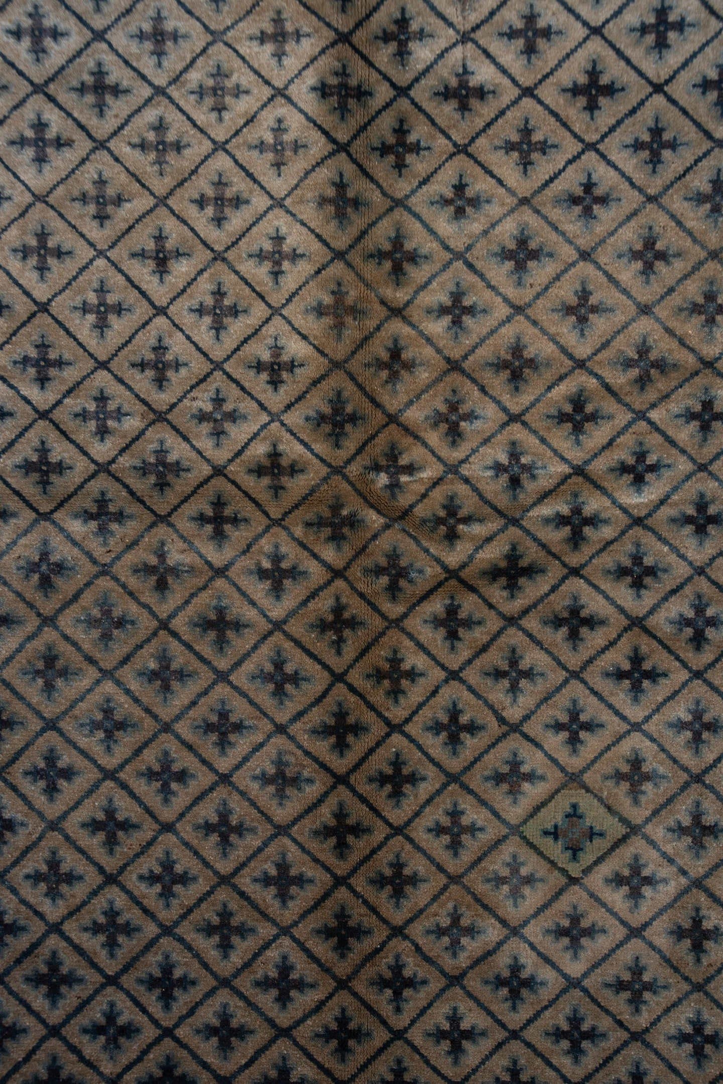 4' x 7' one-of-a-kind handmade vintage Chinese rug. Color palette: beige, ivory, slate, navy, taupe, blue, gray