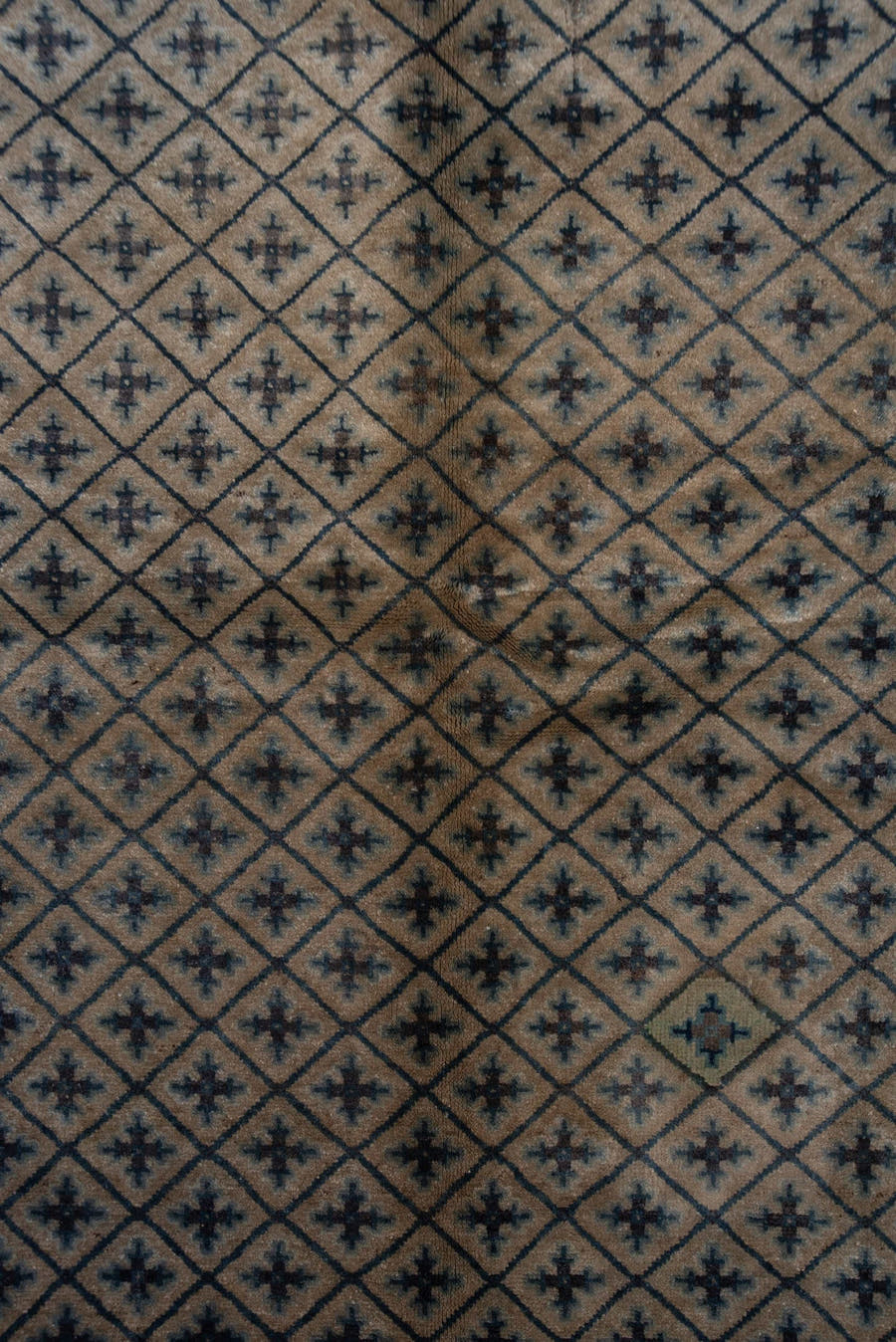 4' x 7' one-of-a-kind handmade vintage Chinese rug. Color palette: beige, ivory, slate, navy, taupe, blue, gray