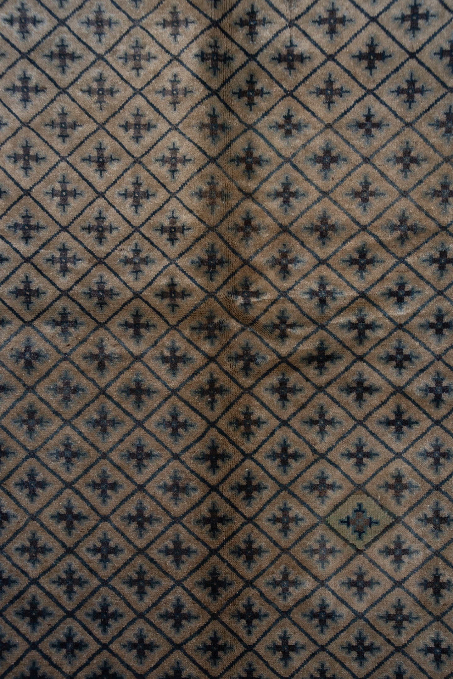 4' x 7' one-of-a-kind handmade vintage Chinese rug. Color palette: beige, ivory, slate, navy, taupe, blue, gray