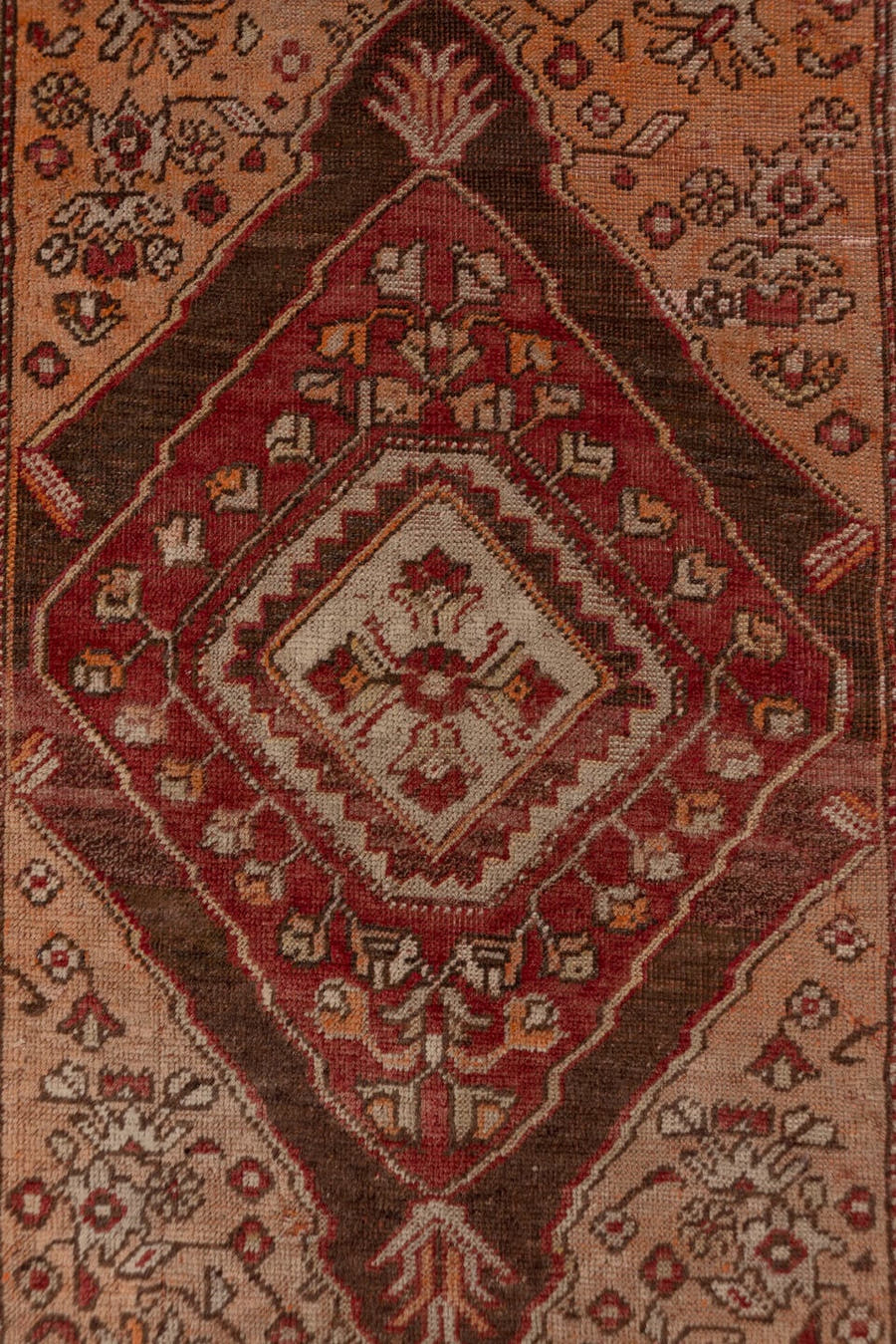 3' x 11' one-of-a-kind handmade vintage Sivas runner rug. Color palette: rust, ivory, terra cotta, brown, burgundy, camel