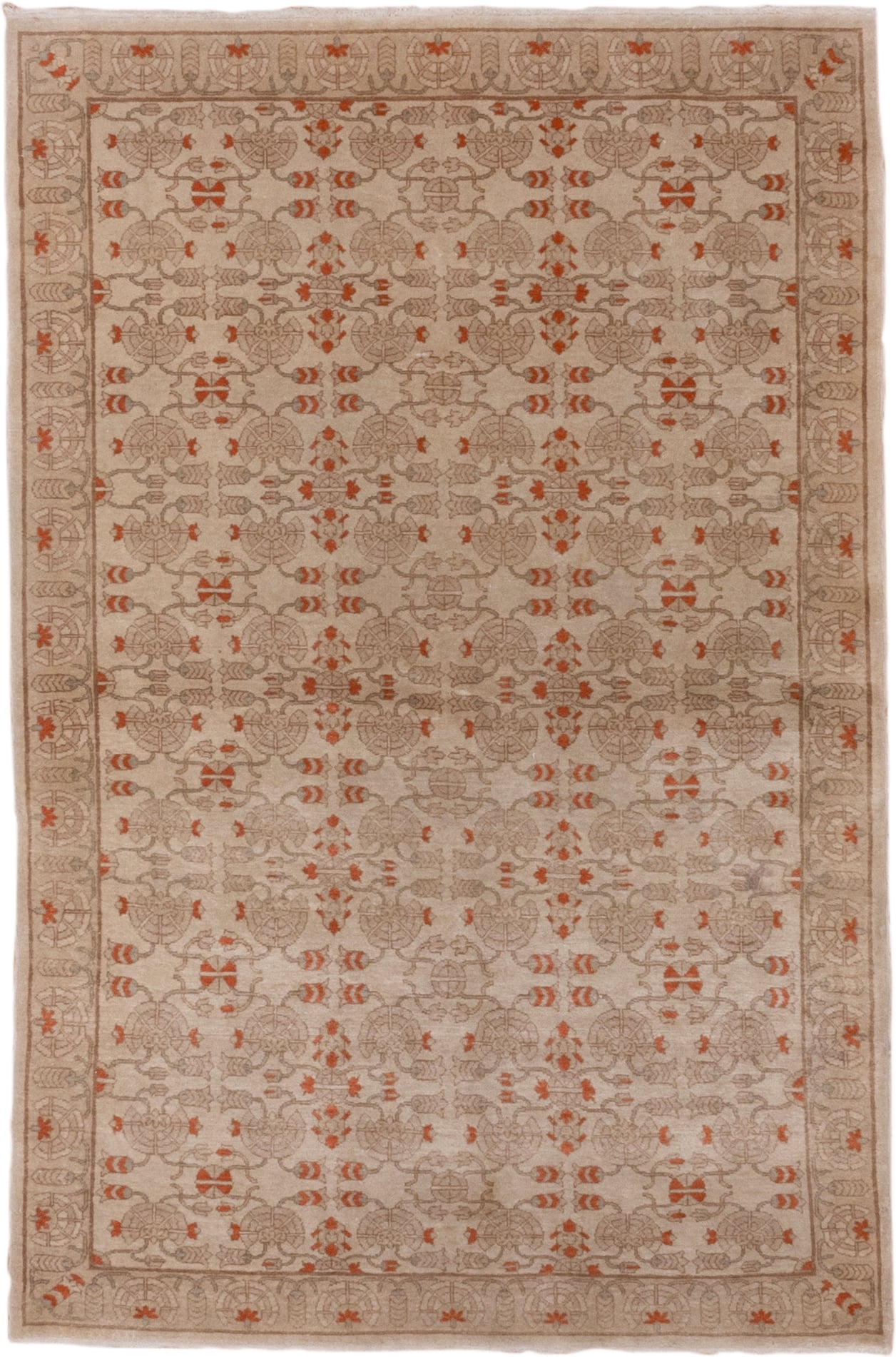 4' x 5' one-of-a-kind handmade vintage Hereke small size rug. Color palette: beige, taupe, ivory, terra cotta, camel, gray