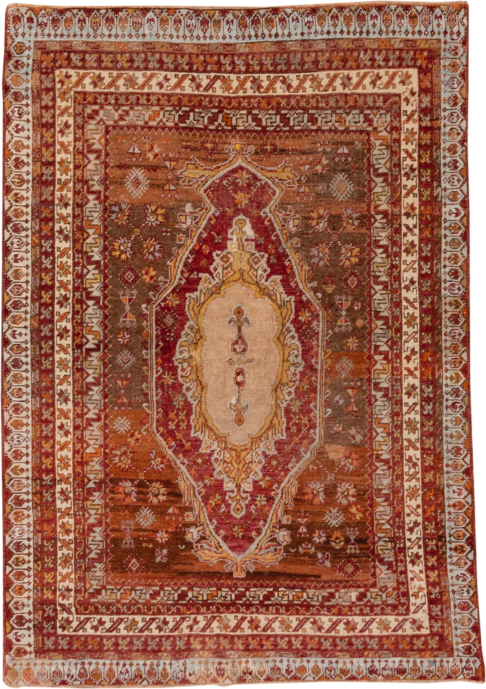 3' x 5' one-of-a-kind handmade vintage Sivas small size rug. Color palette: rust, ivory, camel, burgundy, terra cotta, taupe