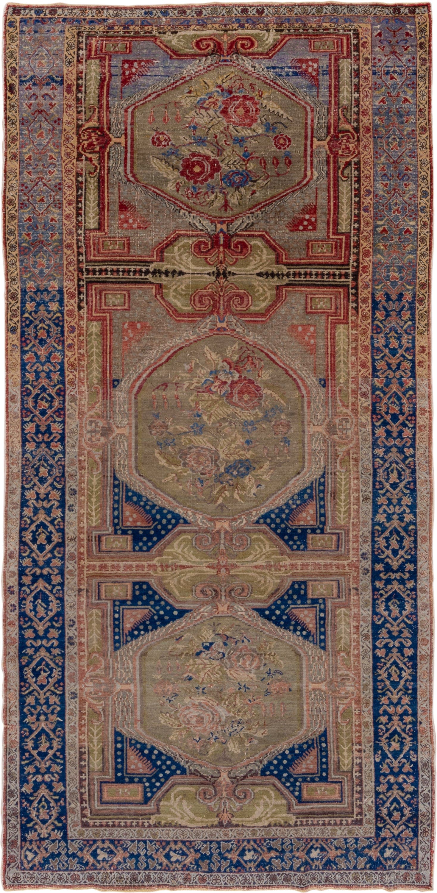 5' x 11' one-of-a-kind handmade vintage Oushak rug. Color palette: taupe, navy, rose, olive, ivory, dusty blue, coral, beige