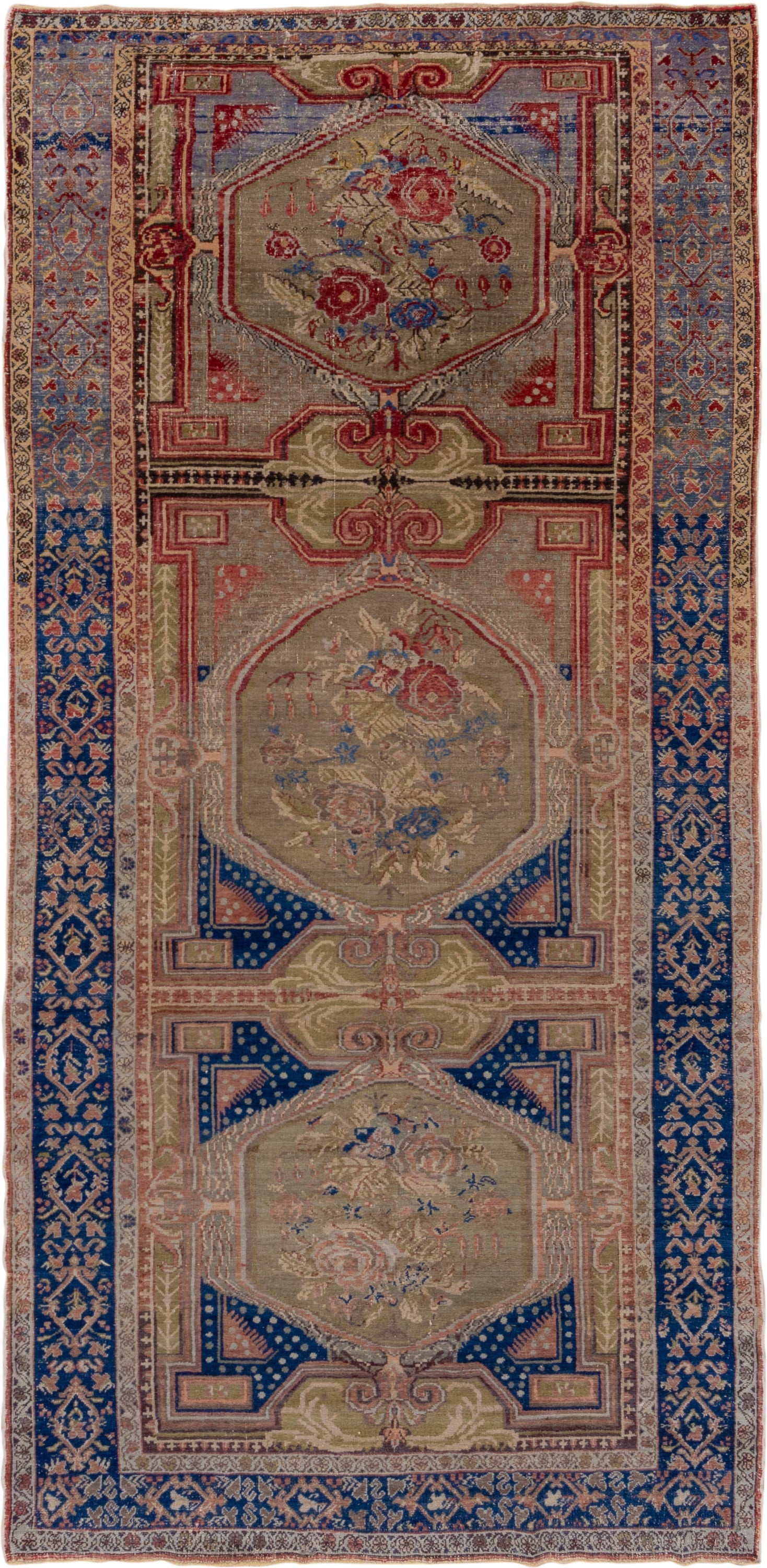 5' x 11' one-of-a-kind handmade vintage Oushak rug. Color palette: taupe, navy, rose, olive, ivory, dusty blue, coral, beige