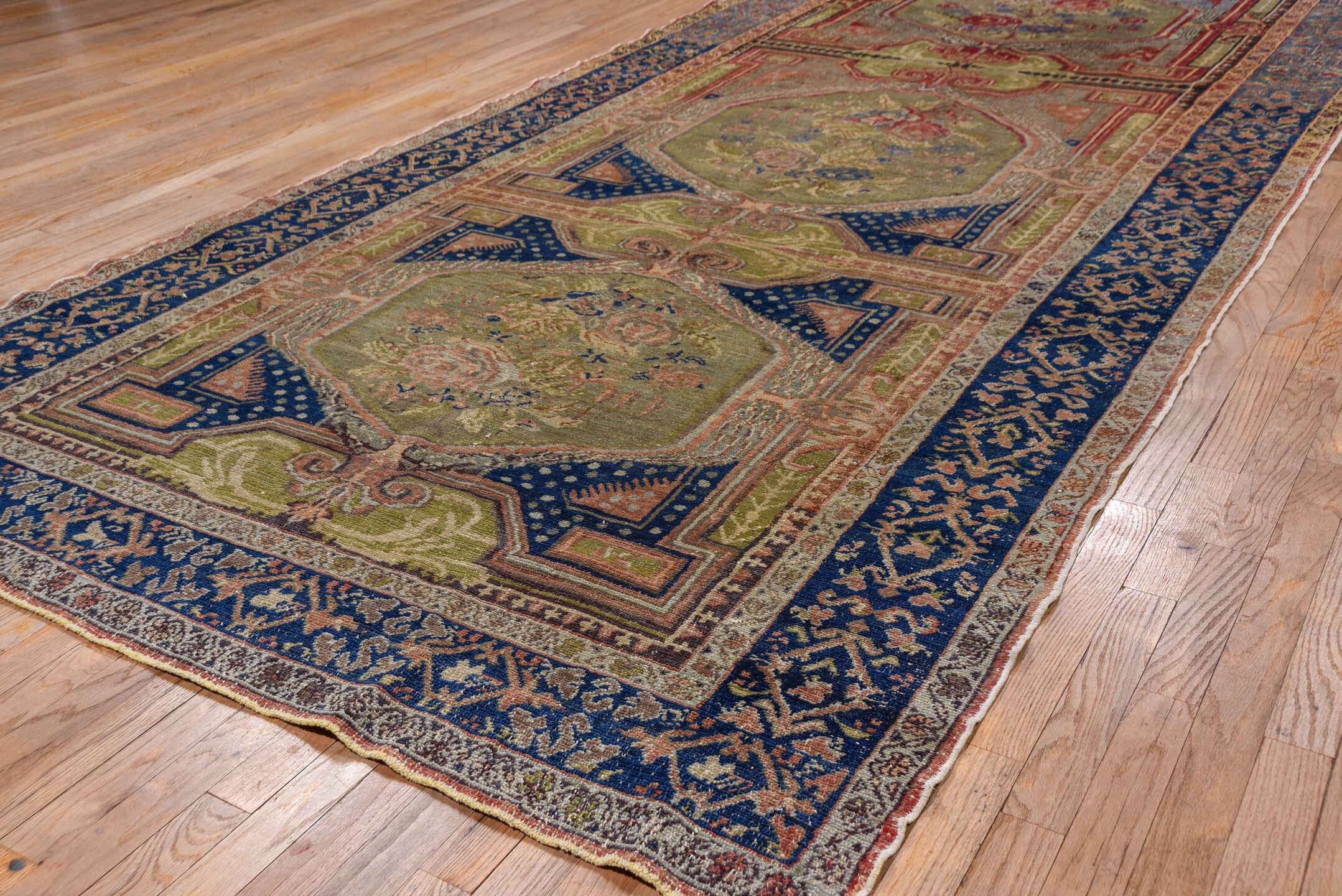 5' x 11' one-of-a-kind handmade vintage Oushak rug. Color palette: taupe, navy, rose, olive, ivory, dusty blue, coral, beige