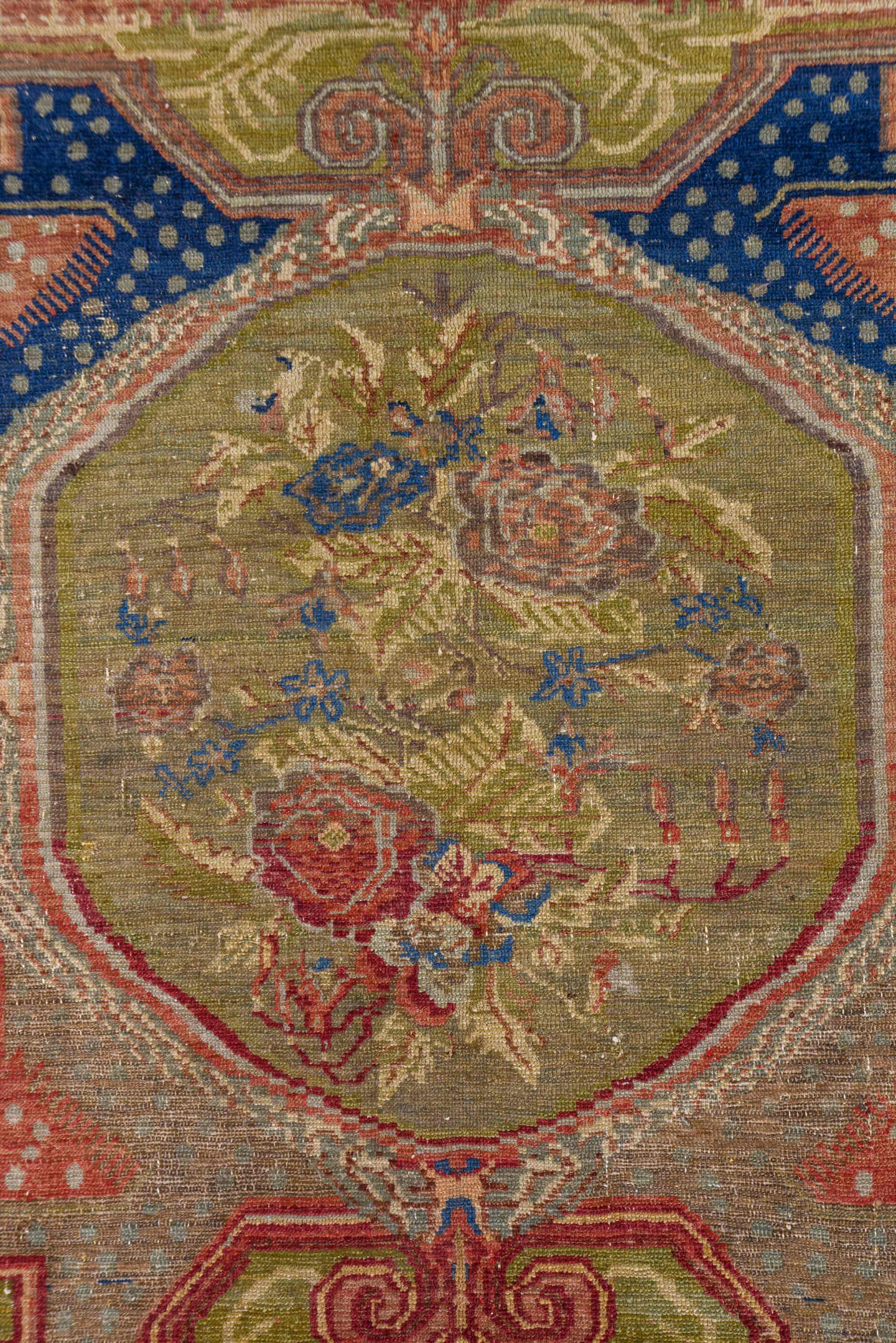 5' x 11' one-of-a-kind handmade vintage Oushak rug. Color palette: taupe, navy, rose, olive, ivory, dusty blue, coral, beige