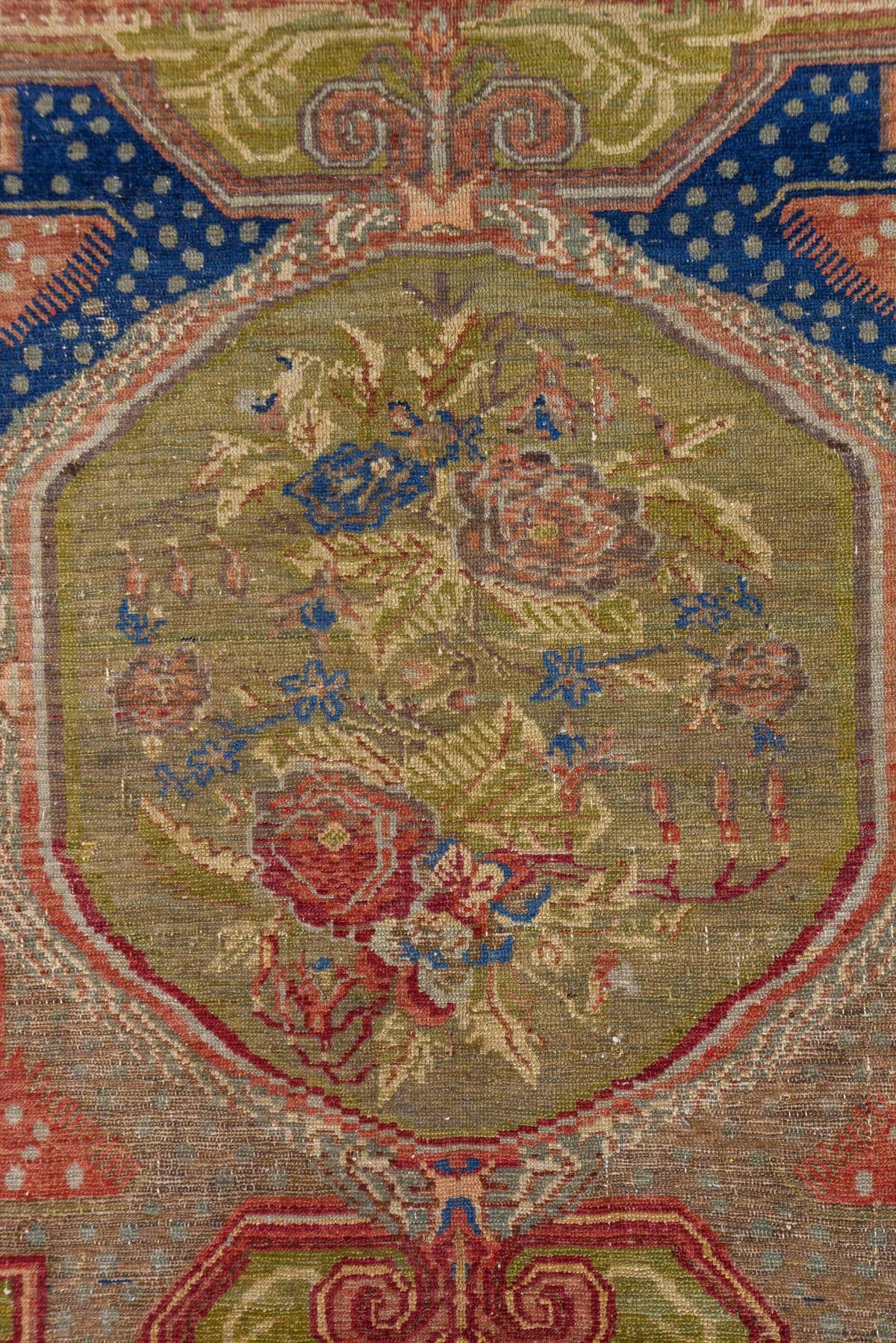 5' x 11' one-of-a-kind handmade vintage Oushak rug. Color palette: taupe, navy, rose, olive, ivory, dusty blue, coral, beige