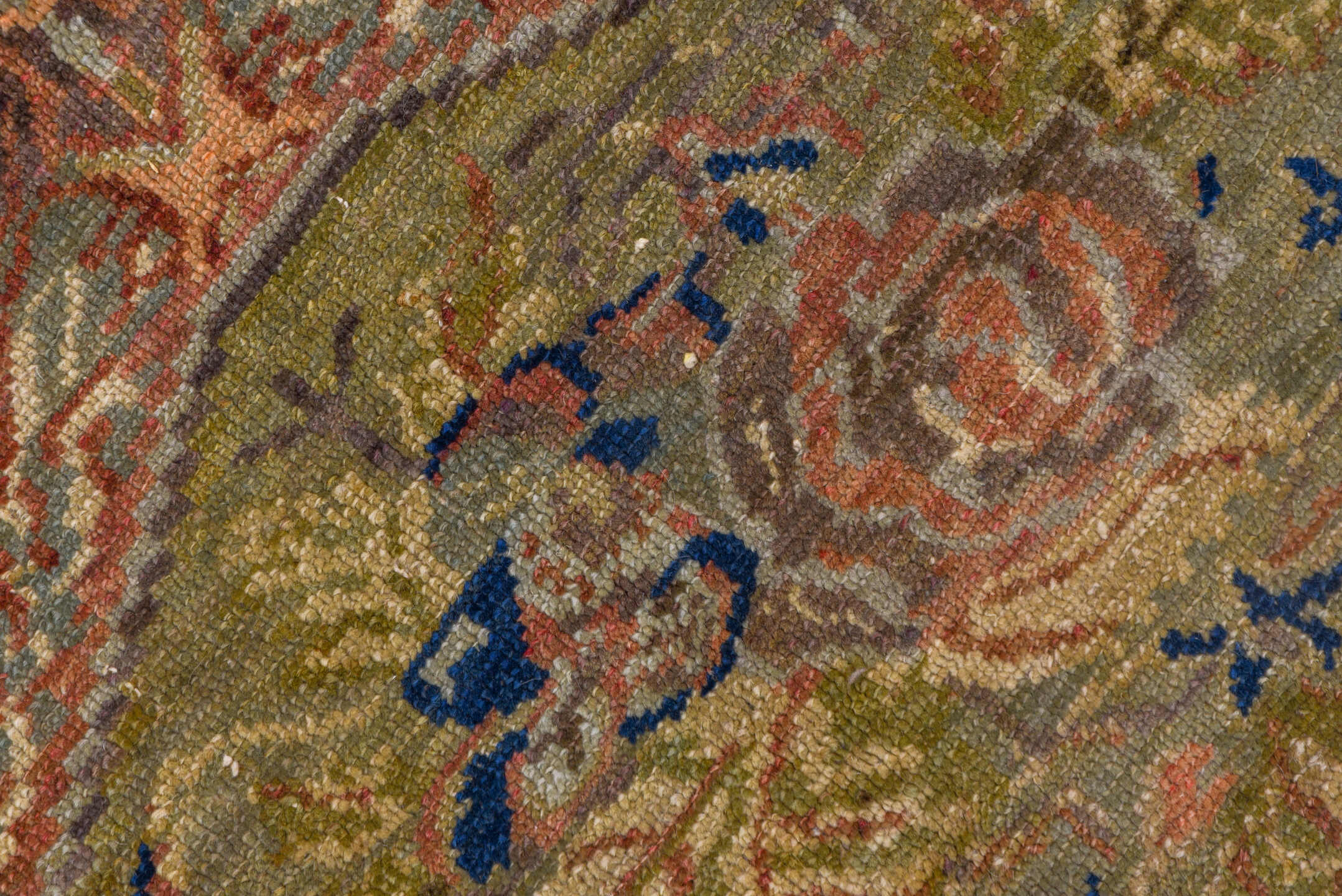 5' x 11' one-of-a-kind handmade vintage Oushak rug. Color palette: taupe, navy, rose, olive, ivory, dusty blue, coral, beige