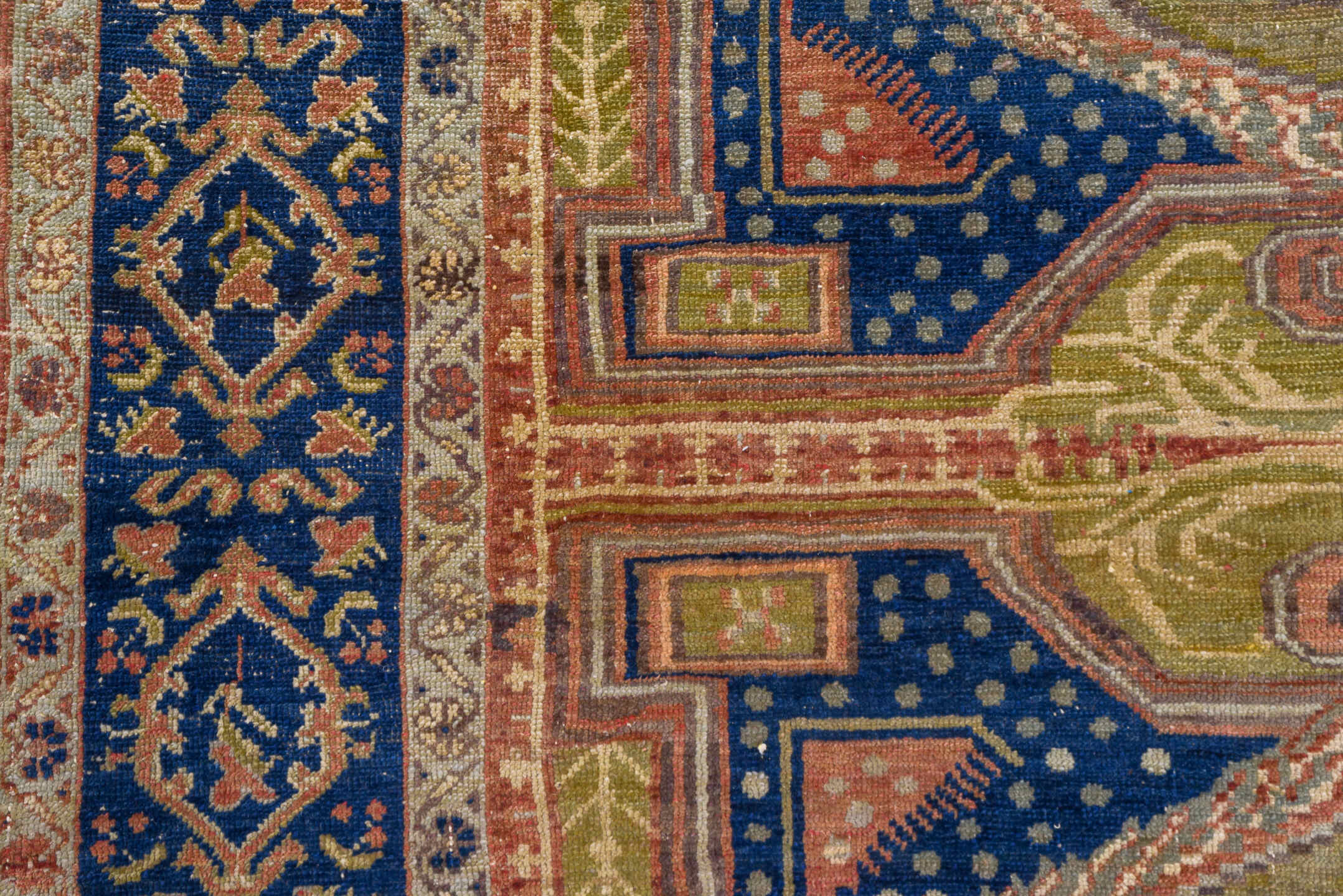 5' x 11' one-of-a-kind handmade vintage Oushak rug. Color palette: taupe, navy, rose, olive, ivory, dusty blue, coral, beige