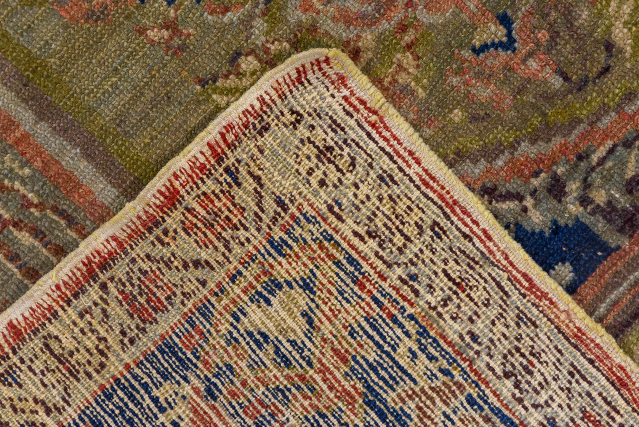 5' x 11' one-of-a-kind handmade vintage Oushak rug. Color palette: taupe, navy, rose, olive, ivory, dusty blue, coral, beige