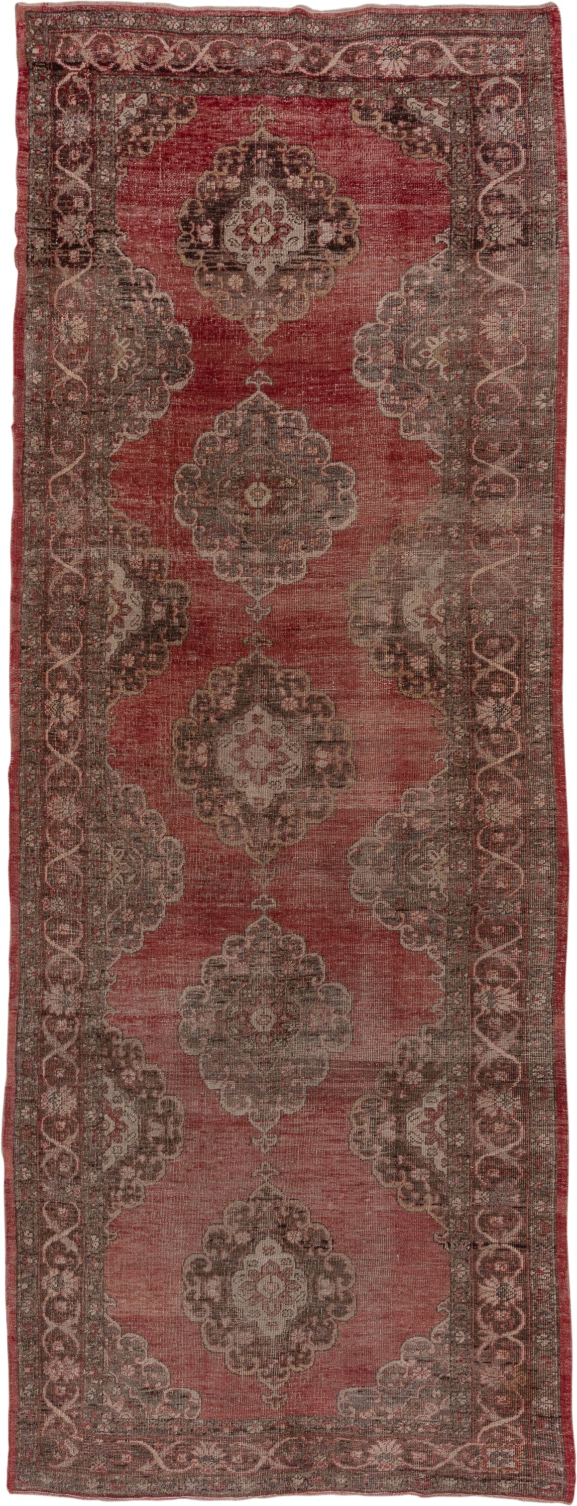 4' x 13' one-of-a-kind handmade vintage Oushak runner rug. Color palette: rose, taupe, charcoal, ivory, burgundy, pink, red