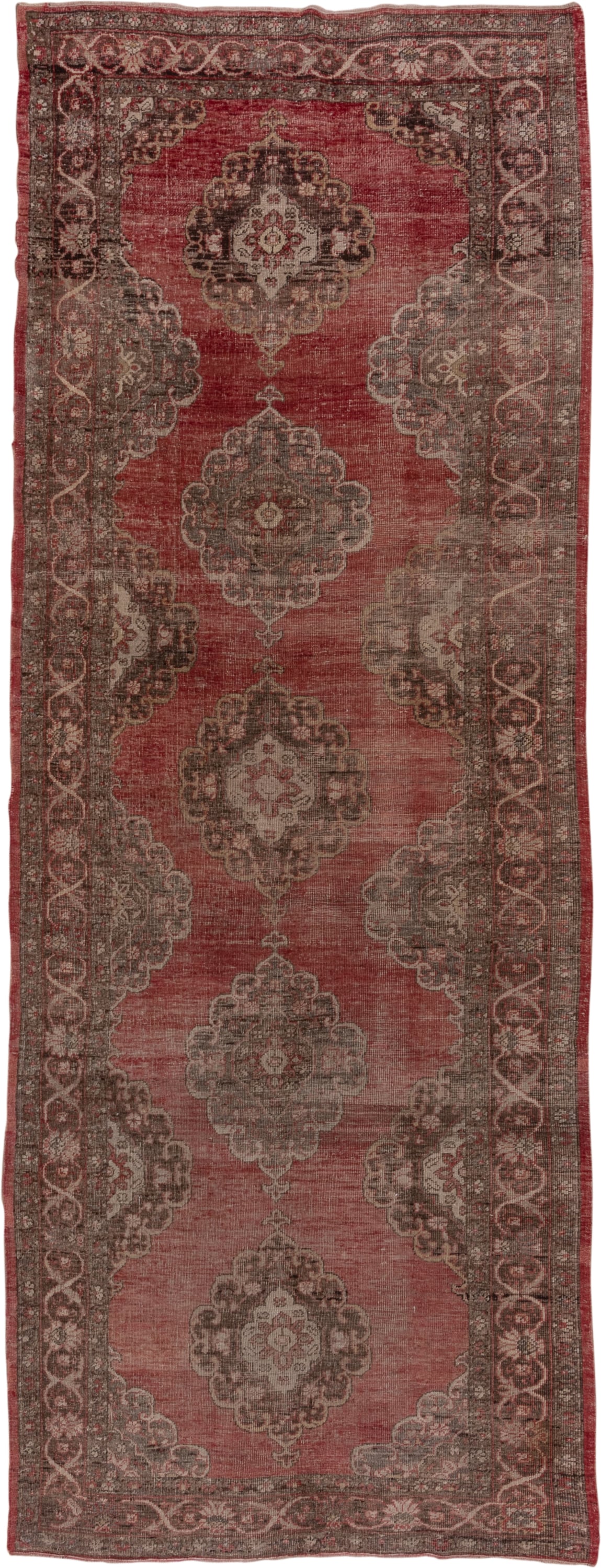 4' x 13' one-of-a-kind handmade vintage Oushak runner rug. Color palette: rose, taupe, charcoal, ivory, burgundy, pink, red