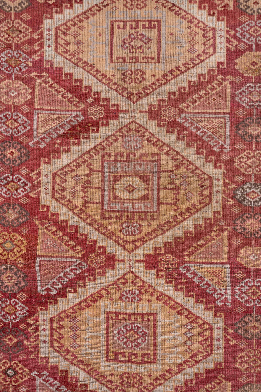 4' x 11' one-of-a-kind handmade vintage Kurd runner rug. Color palette: terra cotta, ivory, rust, rose, camel, taupe, brown