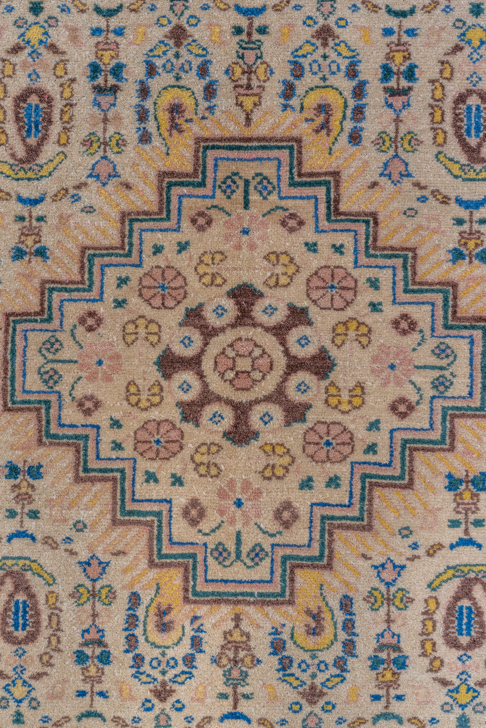 5' x 8' one-of-a-kind handmade vintage Sivas medium size rug. Color palette: ivory, blue, brown, taupe, gold, camel, beige