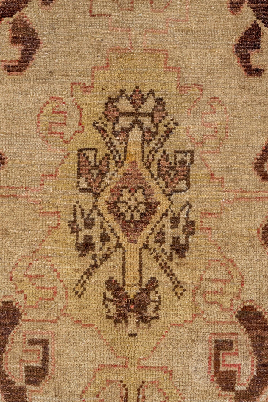 5' x 8' one-of-a-kind handmade antique Oushak medium size rug. Color palette: ivory, rose, taupe, brown, rust, camel