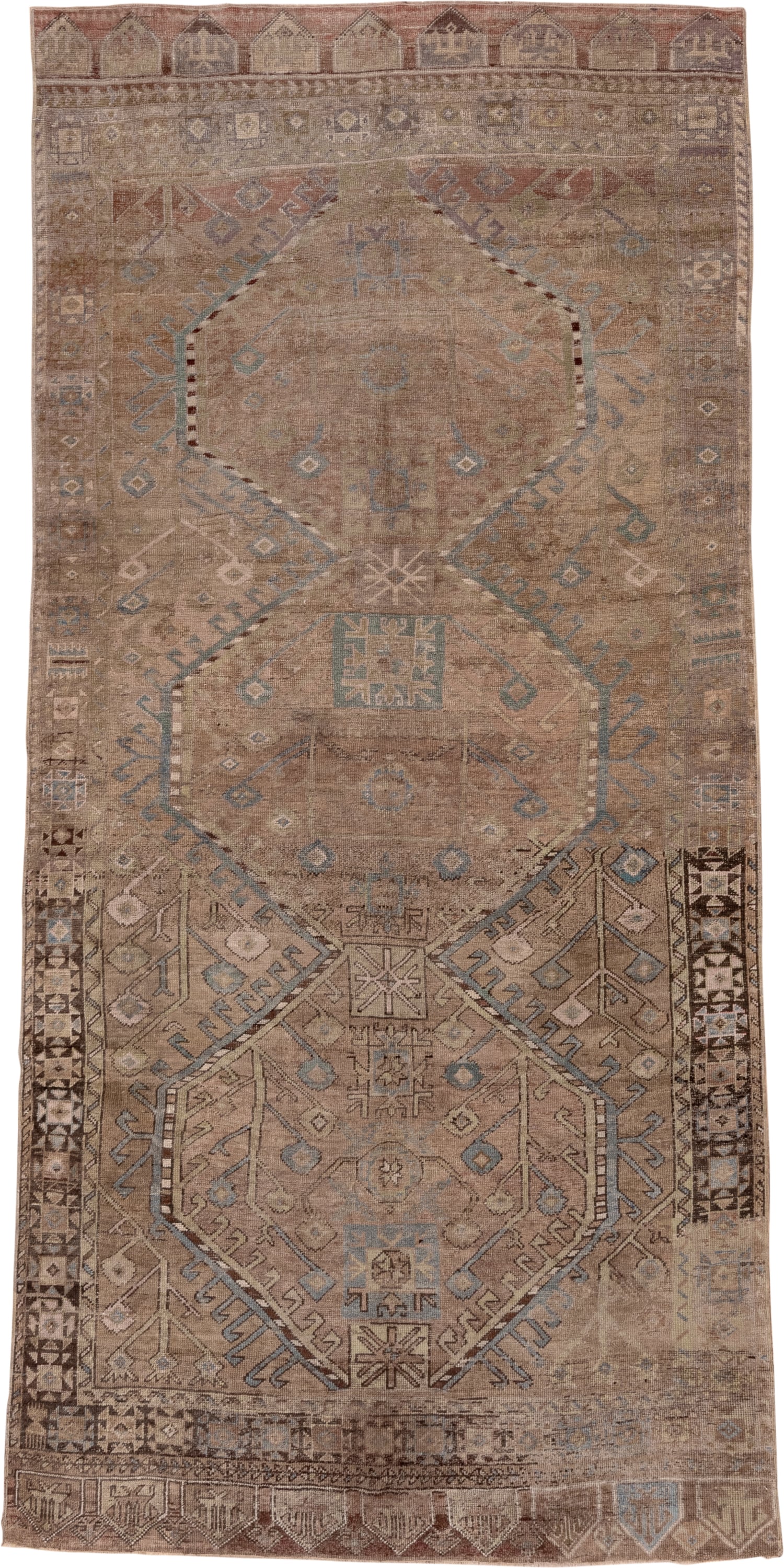 5' x 11' one-of-a-kind handmade vintage Oushak rug. Color palette: taupe, beige, brown, dusty rose, pale blue, ivory