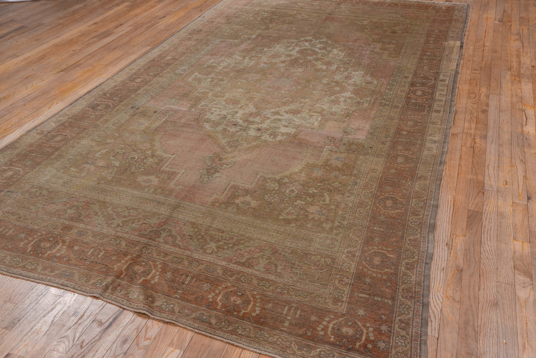 6' x 12' one-of-a-kind handmade vintage Oushak large size rug. Color palette: brown, gray, light gray, off-white, pink, snow