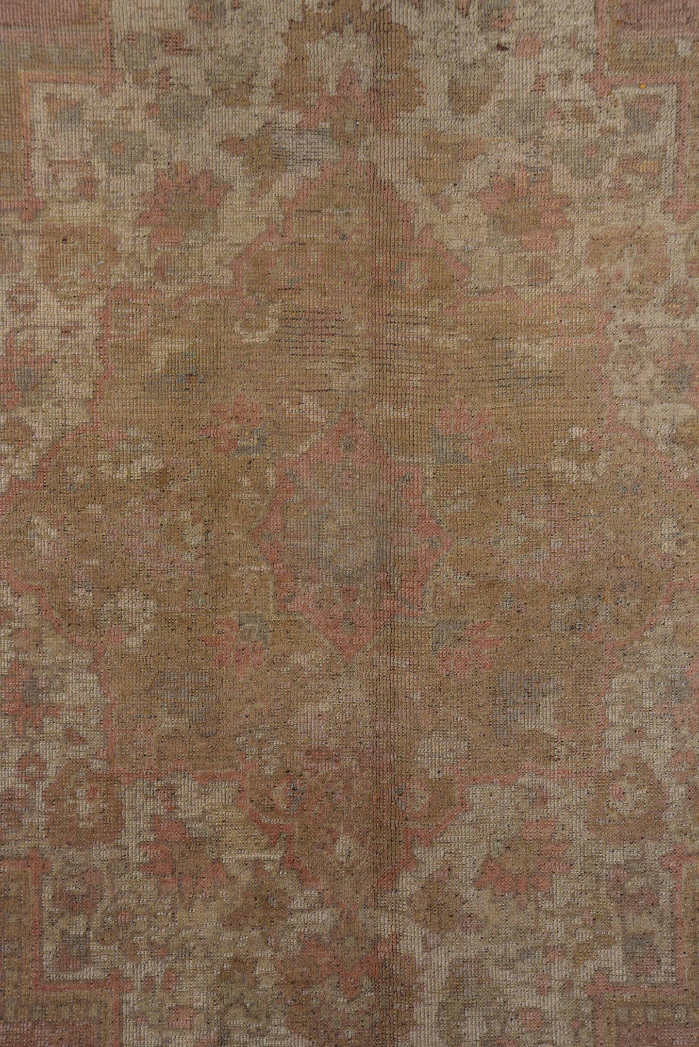 6' x 12' one-of-a-kind handmade vintage Oushak large size rug. Color palette: blush, taupe, ivory, dusty rose, beige, camel