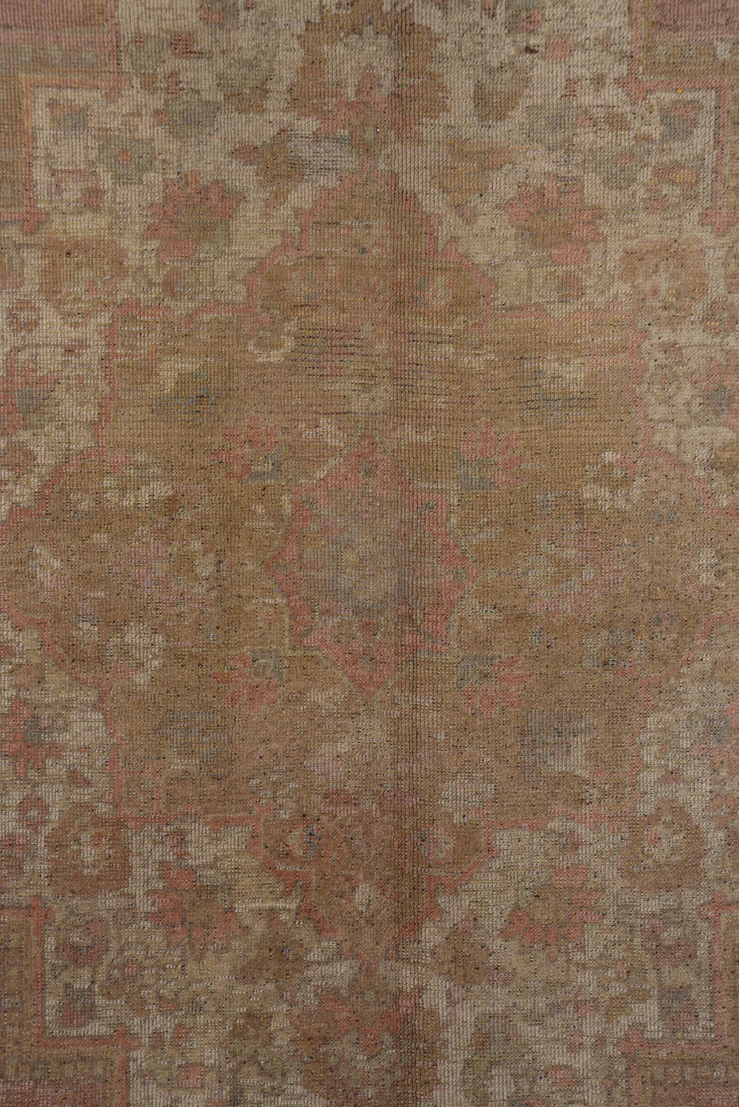 6' x 12' one-of-a-kind handmade vintage Oushak large size rug. Color palette: blush, taupe, ivory, dusty rose, beige, camel