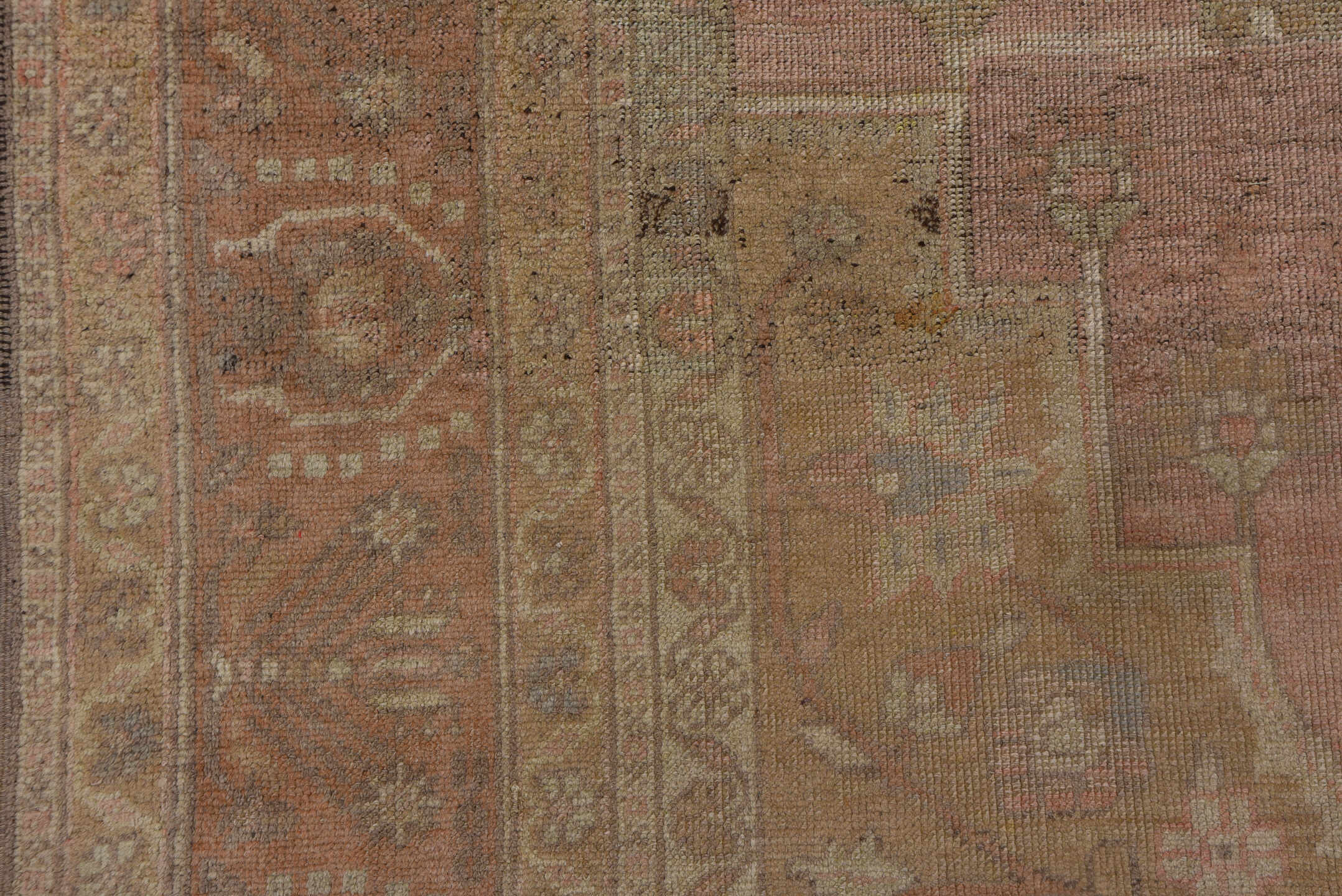 6' x 12' one-of-a-kind handmade vintage Oushak large size rug. Color palette: brown, gray, light gray, off-white, pink, snow