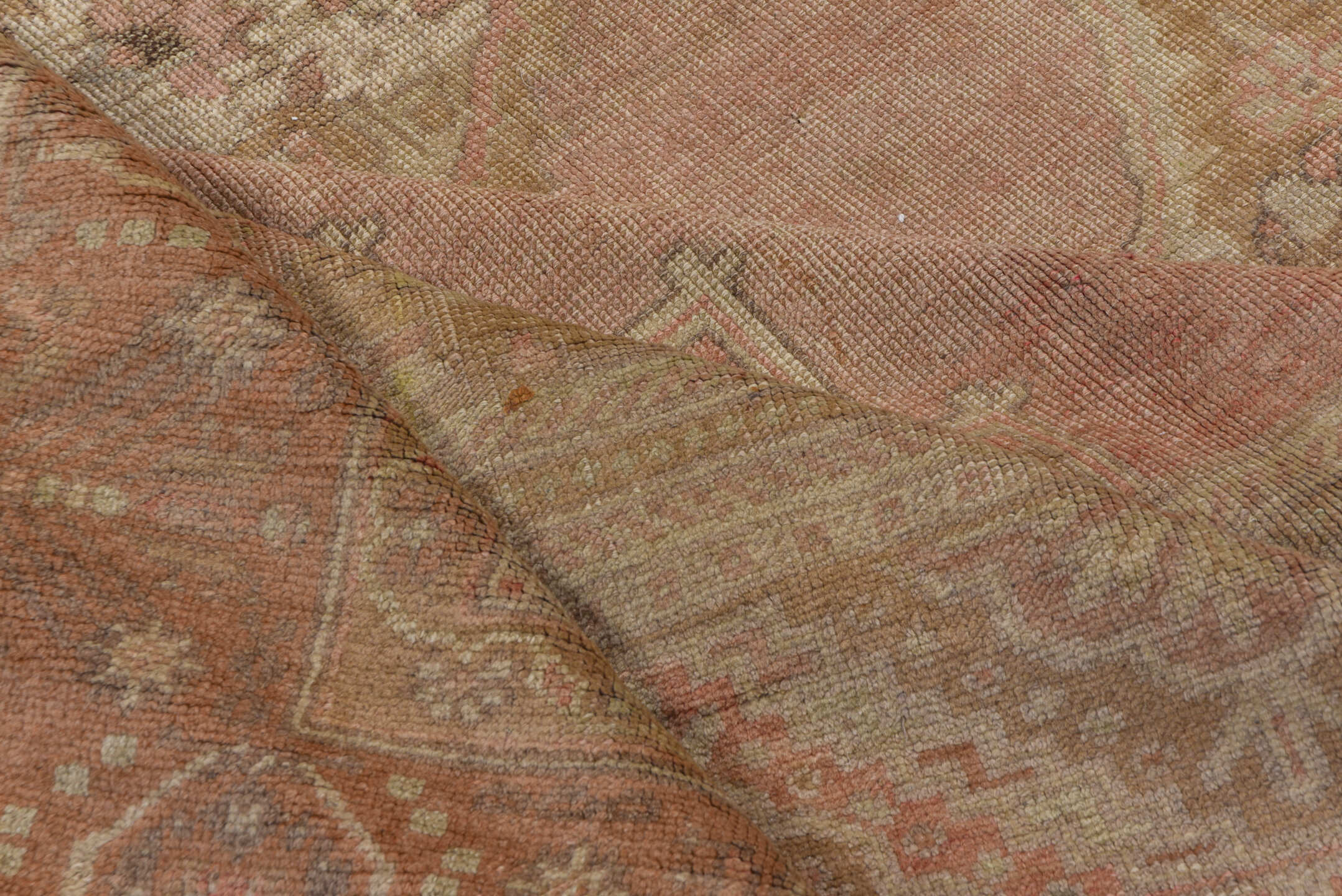 6' x 12' one-of-a-kind handmade vintage Oushak large size rug. Color palette: brown, gray, light gray, off-white, pink, snow