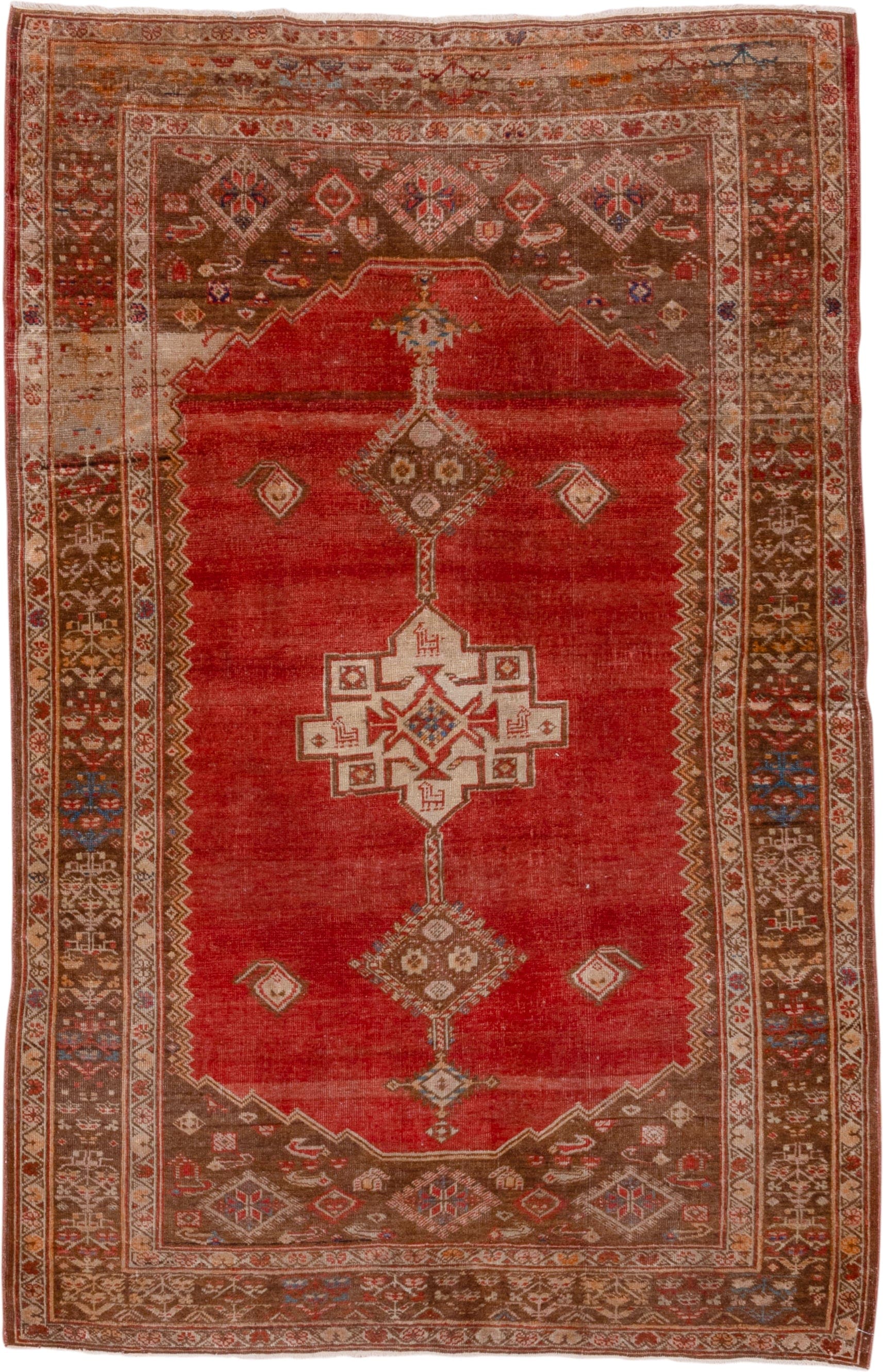4' x 6' one-of-a-kind handmade vintage Oushak small size rug. Color palette: rust, brown, ivory, terra cotta, camel, blue