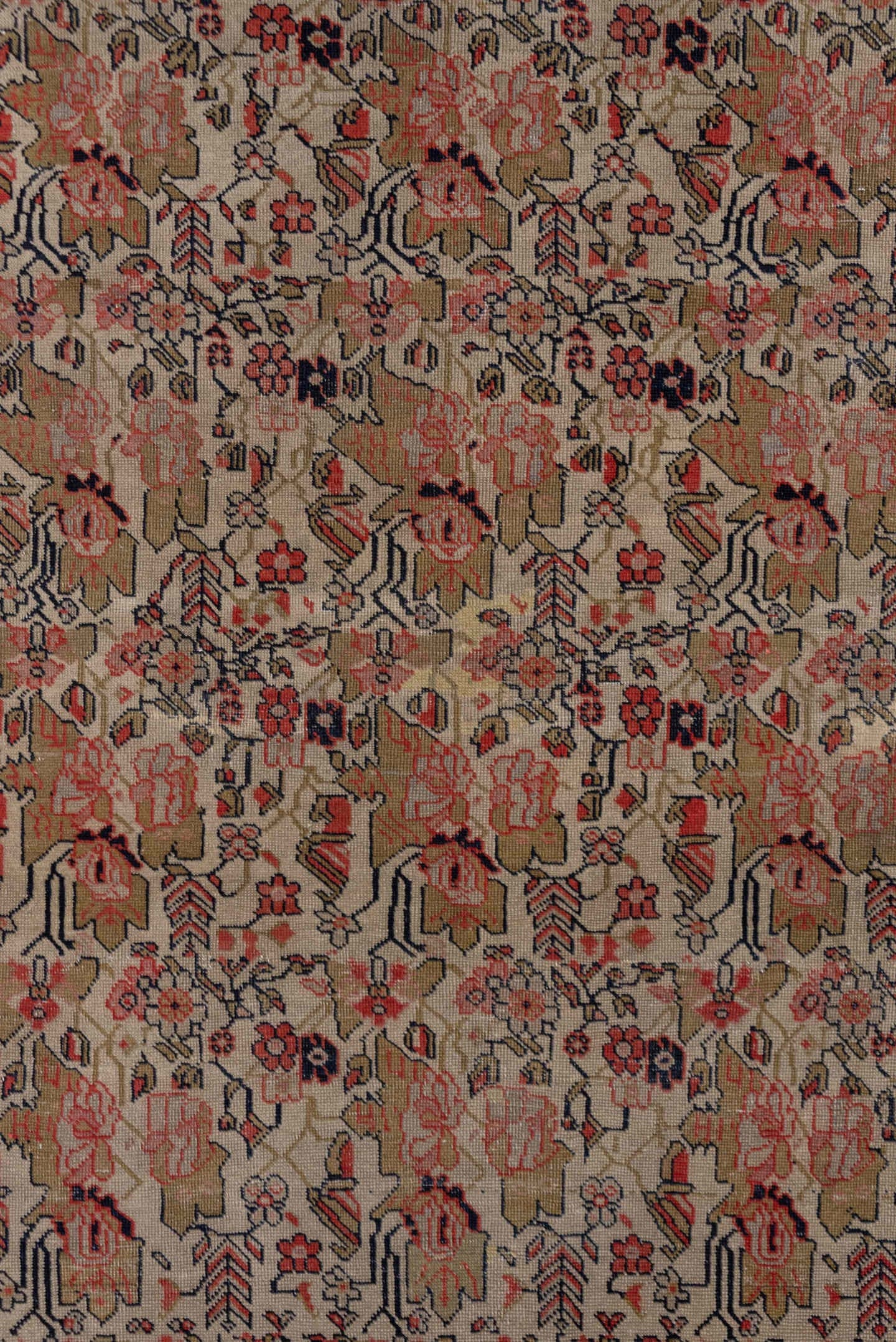 3' x 6' one-of-a-kind handmade vintage Far.Sarouk small size rug. Color palette: ivory, navy, rose, rust, taupe, olive