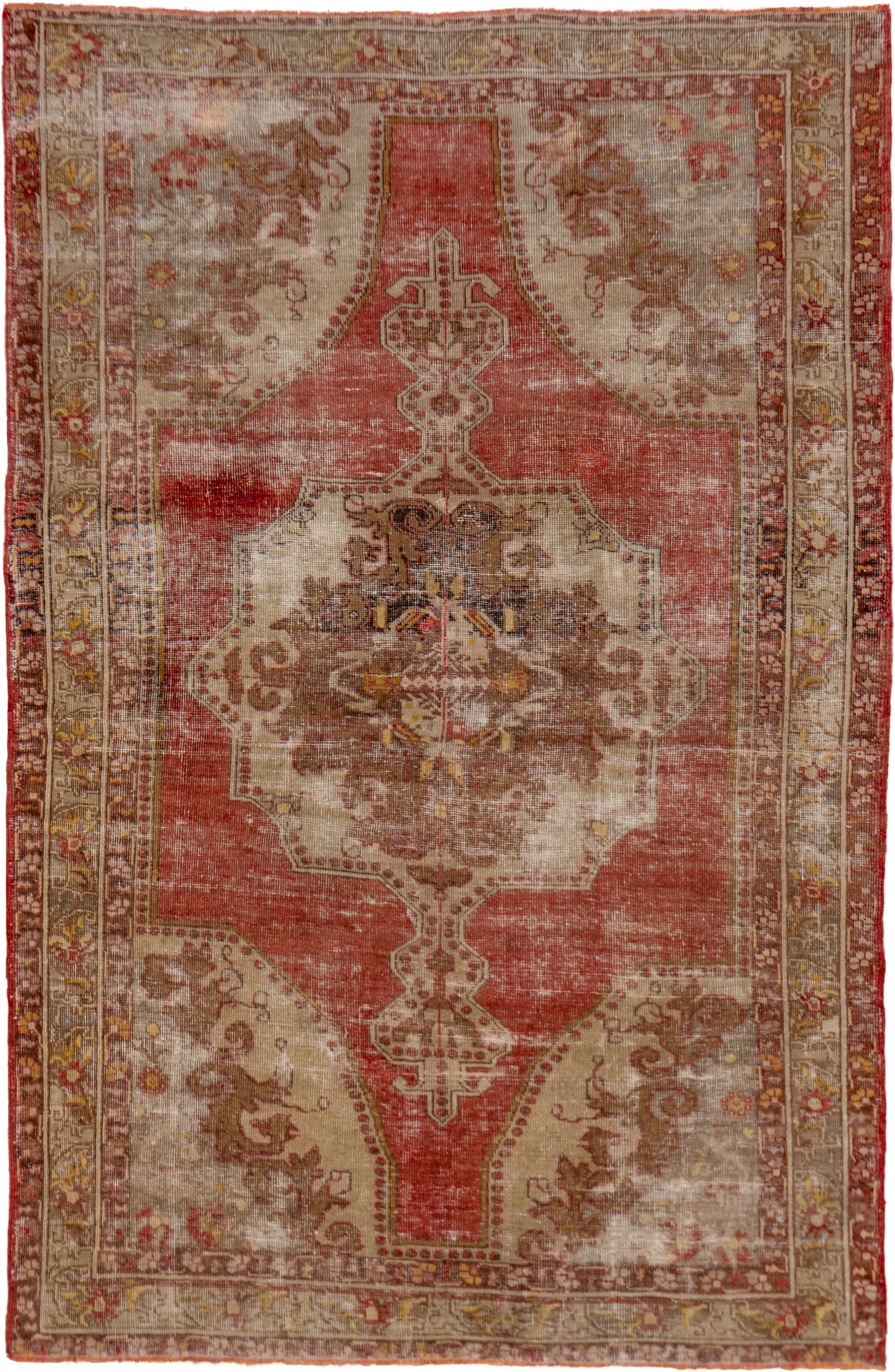 4' x 7' one-of-a-kind handmade vintage Oushak rug. Color palette: terra cotta, ivory, taupe, sage, rust, gold, brown