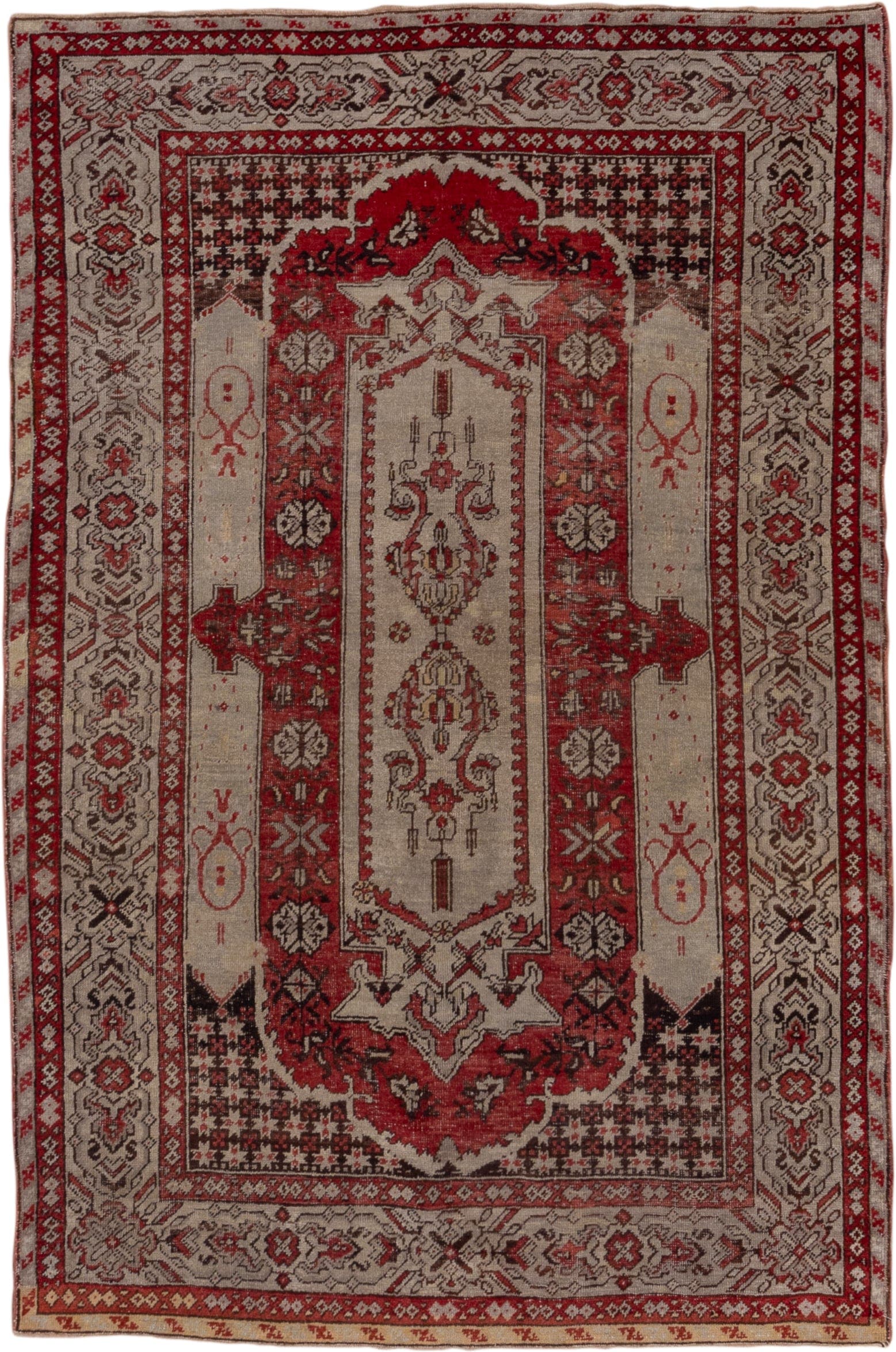 4' x 7' one-of-a-kind handmade vintage Oushak rug. Color palette: ivory, rust, crimson, charcoal, taupe, rose, terracotta