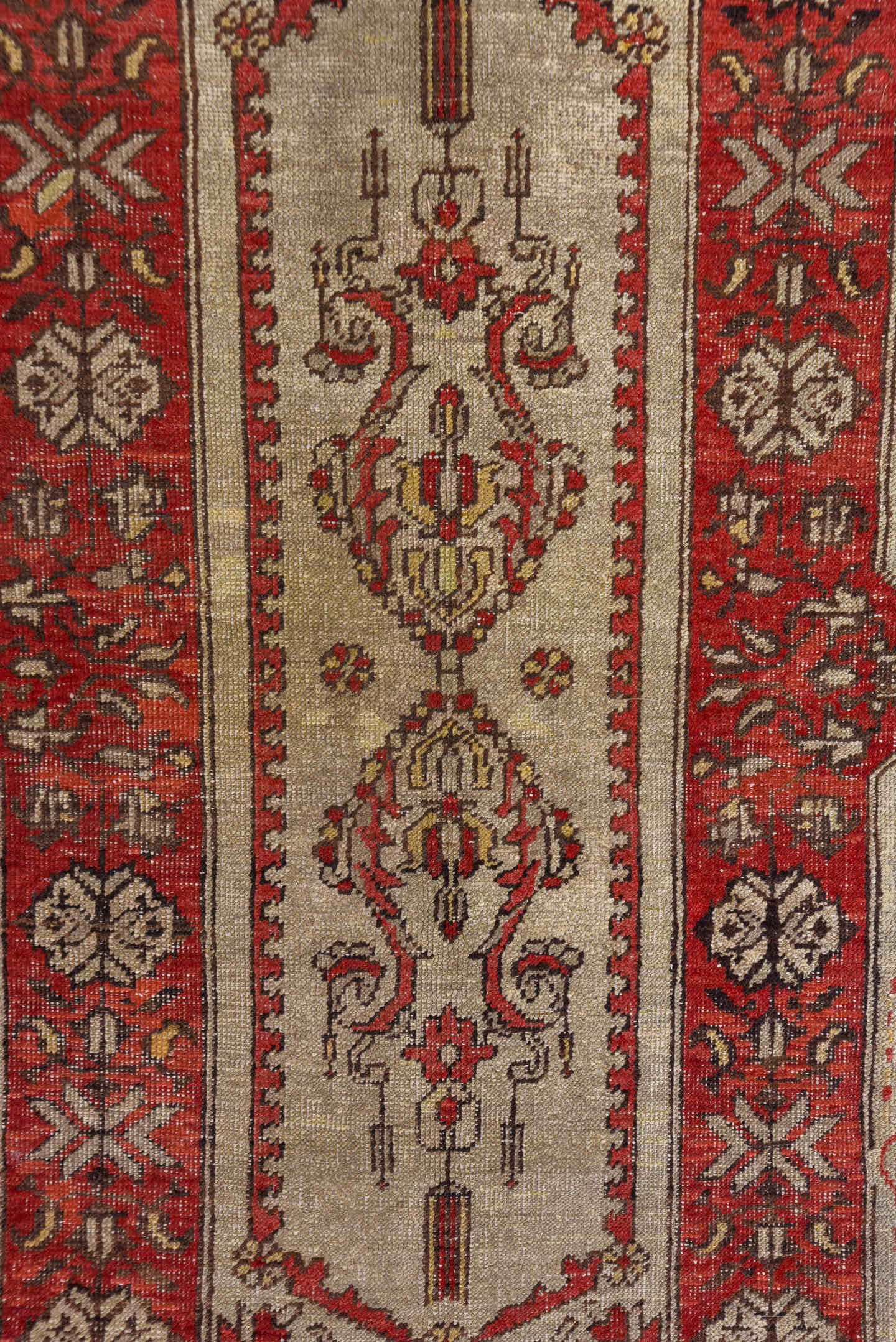 4' x 7' one-of-a-kind handmade vintage Oushak rug. Color palette: ivory, rust, crimson, charcoal, taupe, rose, terracotta